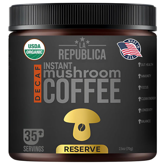 La Republica Founders Reserve Decaf Instant Mushroom Coffee Organic (35 Servings), Premium 50% More Shrooms, Rich Flavor