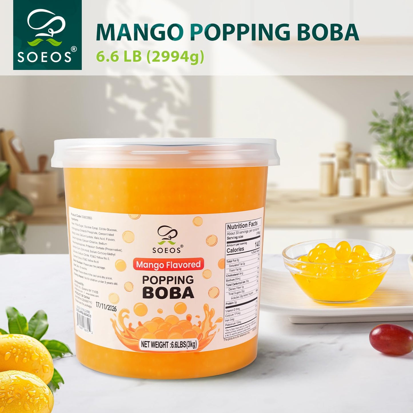 Soeos Mango Popping Boba Pearls 6.6 Pounds, Bursting Boba Pearls for Bubble Tea, Beverages, Shakes, Desserts, Smoothie and Ice Cream Topping