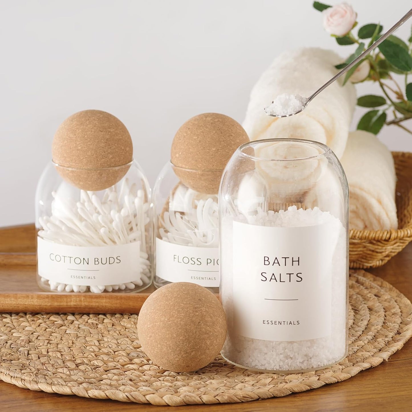 Glass Jars with Cork Lids, 3 Pack Small Decorative Jars with Acacia Tray, Bathroom Qtip and Cotton Ball Holder Set, Cute Coffee Bar Containers for Sugar Candy Tea, Apothecary Jars (17oz)