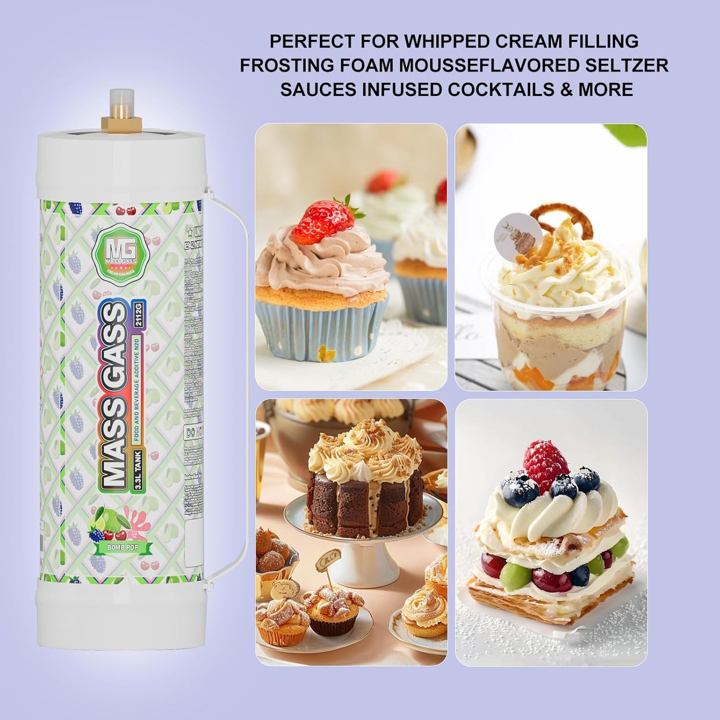 Whipped Cream Charger 3.3l Tanks,Mass Gass 2112g Whip Cream Chargers Cylinde,Food Grade 99.9%-Purity (1 Cylinder BOMB POP)