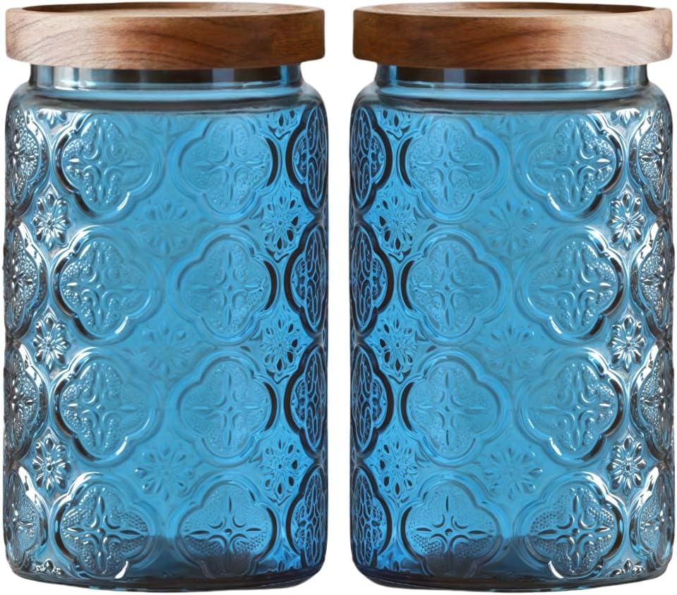 ANSQU Vintage Glass Jar with Lid, Decorative Canister for Kitchen Storage, Coffee, Candy, Laundry Detergent, Begonia Flower Design, Cute Food Storage Jar for Home & Kitchen (Blue 2, 34 Ounces)