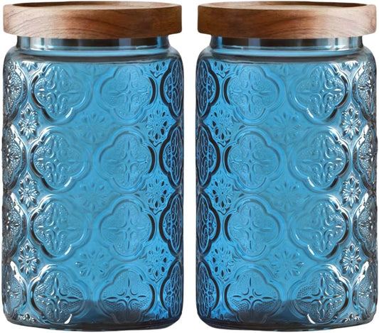 ANSQU Vintage Glass Jar with Lid, Decorative Canister for Kitchen Storage, Coffee, Candy, Laundry Detergent, Begonia Flower Design, Cute Food Storage Jar for Home & Kitchen (Blue 2, 34 Ounces)