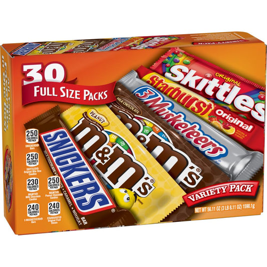 Mars M&M'S, SNICKERS, 3 MUSKETEERS, SKITTLES & STARBURST Variety Pack Full Size Bulk Candy Assortment, 56.11 oz, 30 Count
