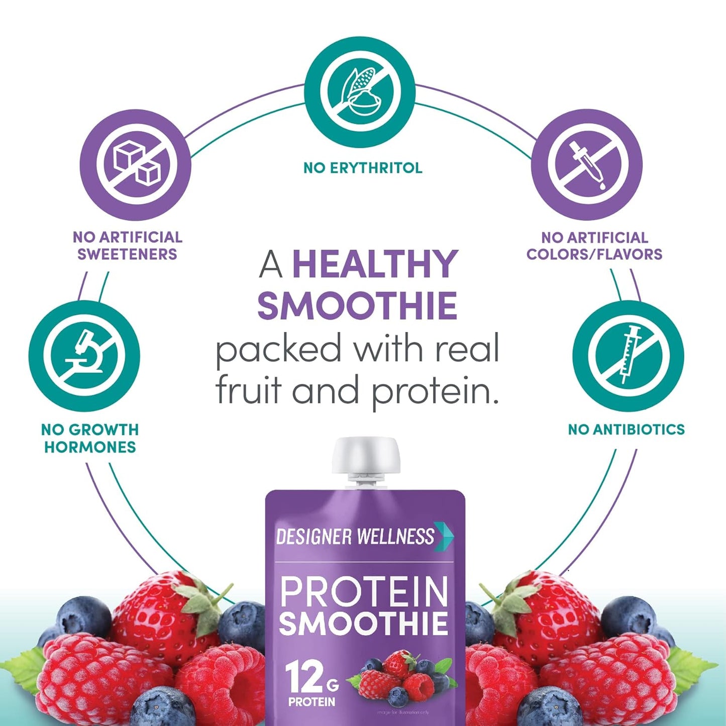 Designer Wellness Protein Smoothie, Real Fruit, 12g Protein, Low Carb, Zero Added Sugar, Gluten-Free, Non-GMO, No Artificial Colors or Flavors, Mixed Berry, 24 Count
