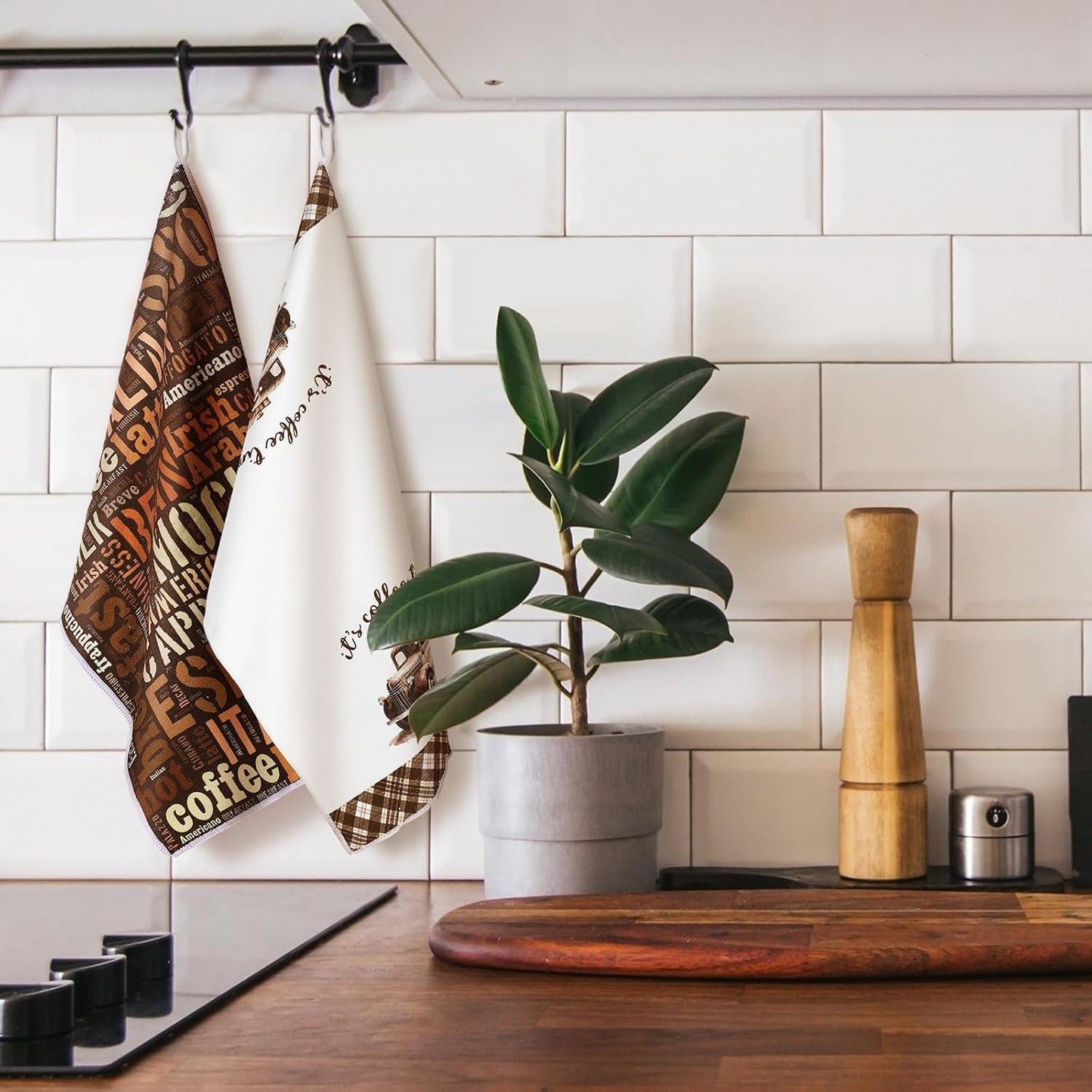 Ferraycle 4 Pieces Kitchen Dish Cloths Coffee Kitchen Hand Towels Absorbent Tea Towels 24 x 16 Inches, Coffee Lover Gift Bar Decorative Dish Cloths Rags, for Farmhouse(Mainly Brown,Vehicle Style)