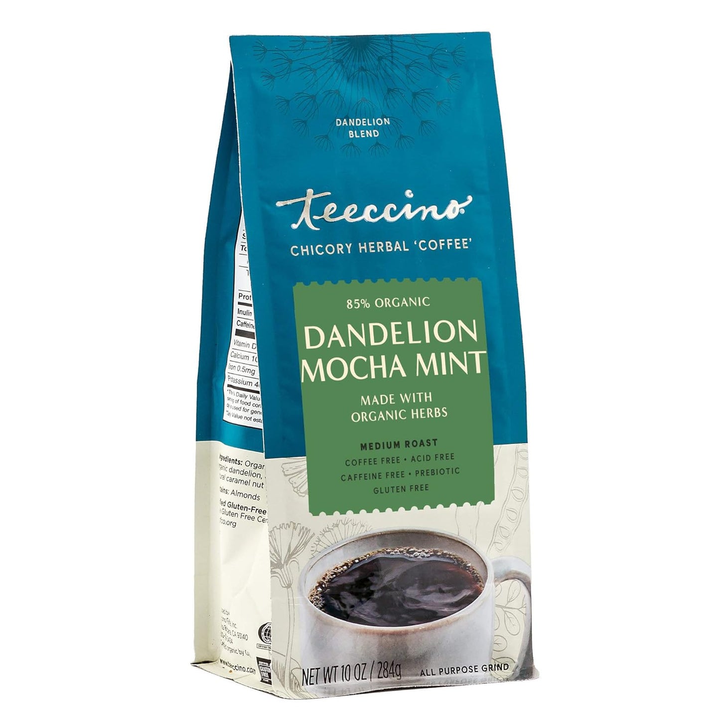 Teeccino Dandelion Mocha Mint Herbal Coffee - Caffeine-Free Coffee Alternative with Prebiotics, Gluten Free, Acid Free - Medium Roast, 10 oz