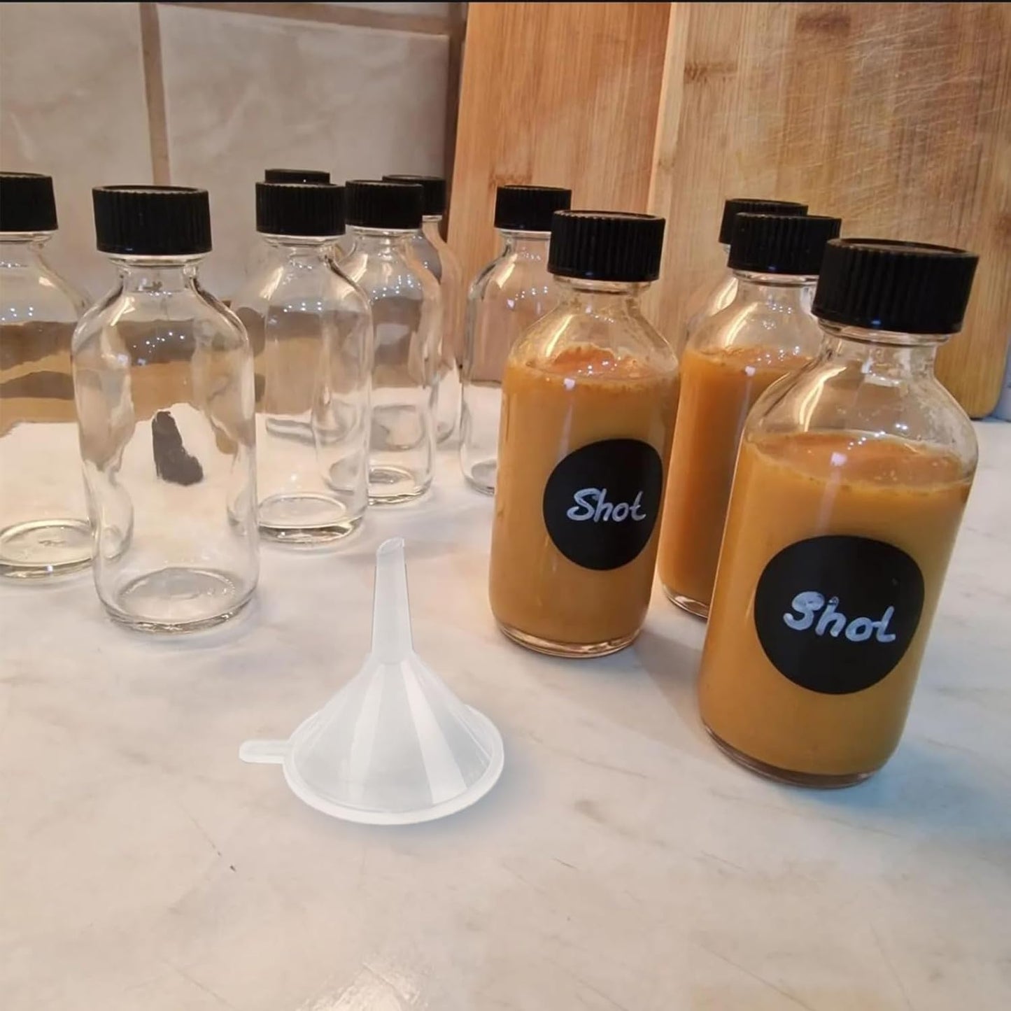 6Pack 2oz Glass Shot Bottles with Caps and Funnels, Boston Round Glass Bottles, Leakage-Proof Ginger Shots Bottles, Wellness Shot Glass Bottles, Suitable for DIY Essential Oils, Juice, Whiskey