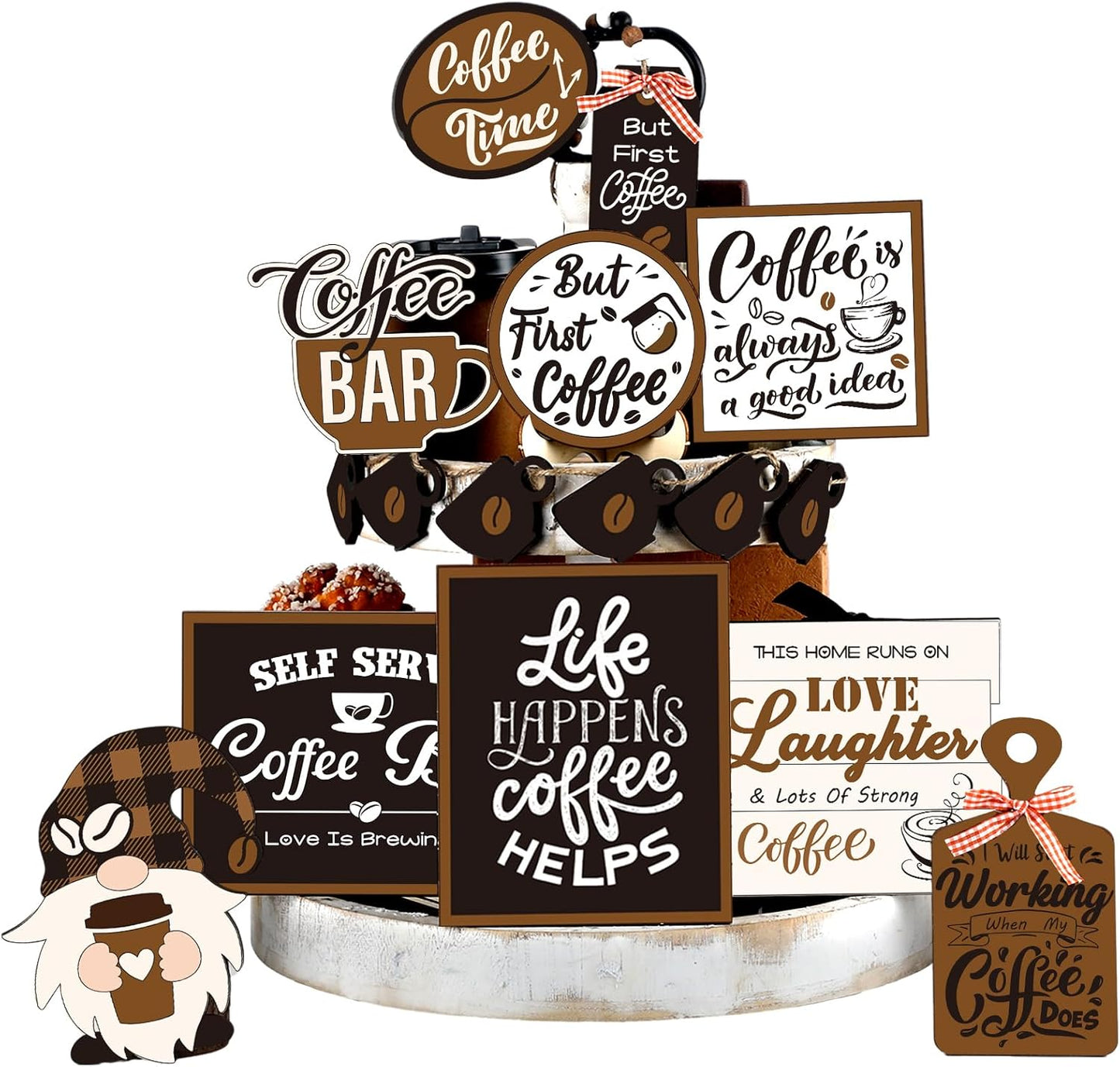 Thyle 16 Pcs Fall Coffee Tiered Tray Decor Set Coffee Bar Wooden Signs Rustic Decorations Farmhouse Table Ornament for Station Bar Tray Shelf