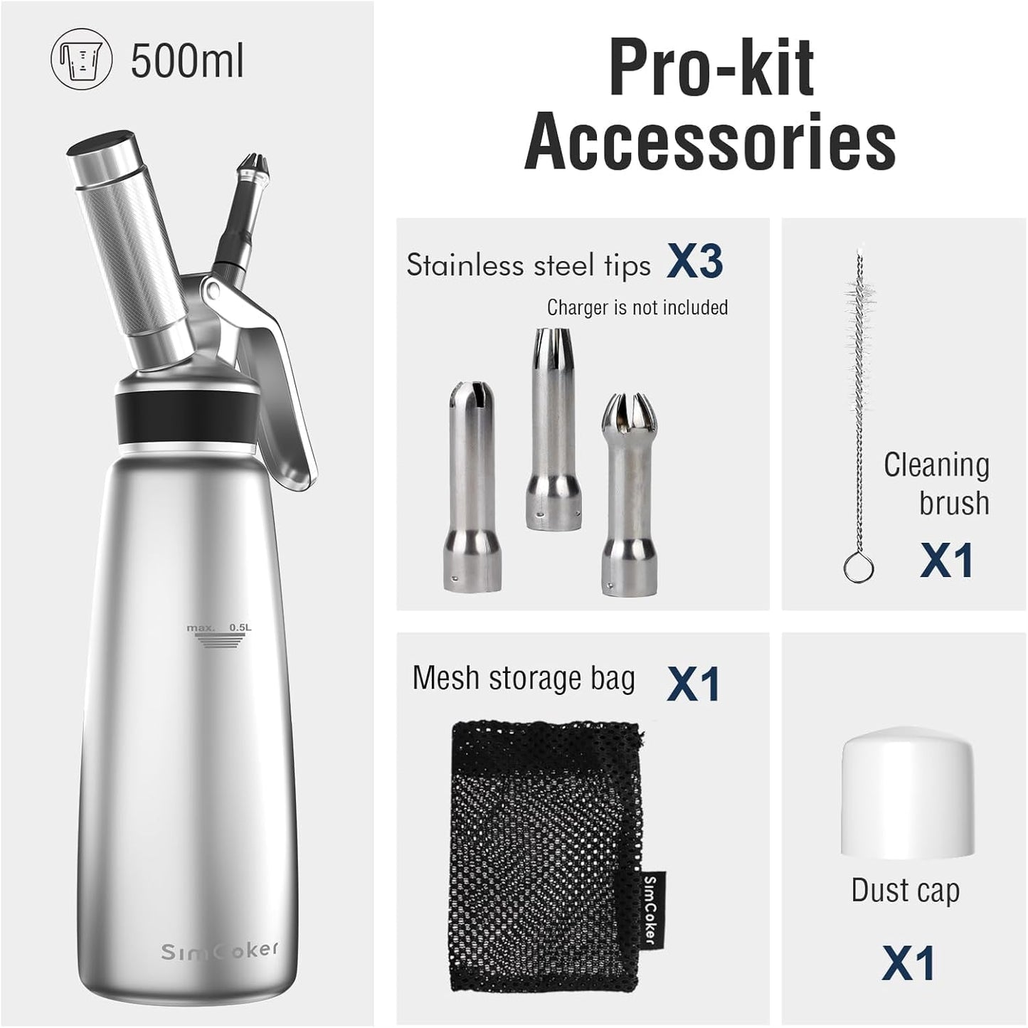 Whipped Cream Dispenser,Aluminum 500ml Whipped Cream Maker,3 Decorating Nozzles,1 Brush,1 Storage Bag,withou N2O Chargers,Sliver