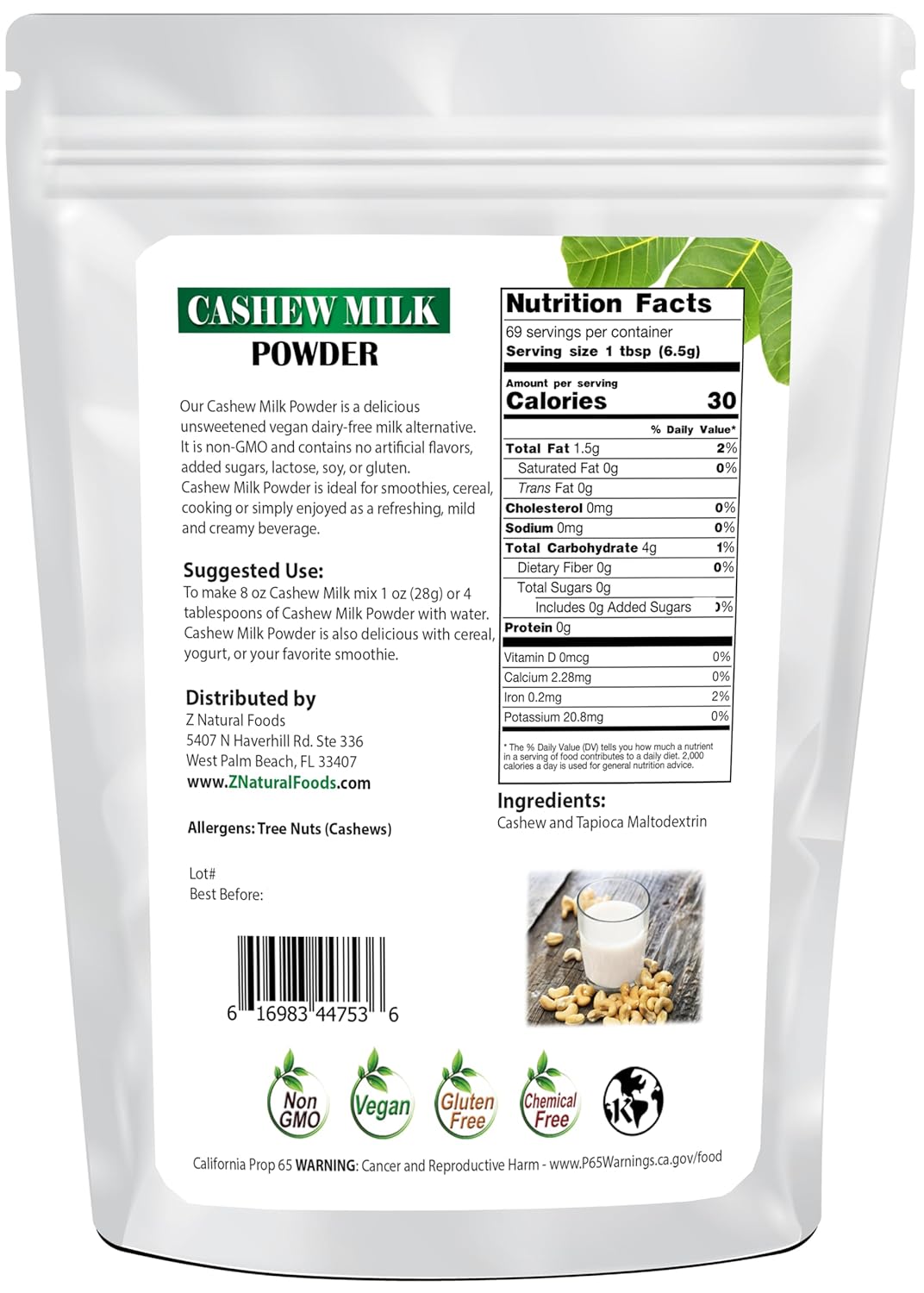 Z Natural Foods Cashew Milk Powder, Cashew Milk for Healthy Heart, Bones, and Skin, Ideal for Tea, Smoothies, and Recipes, High in Fiber, Non-GMO, Vegan, Gluten-Free, Kosher, 1 lb. (Pack of 2)