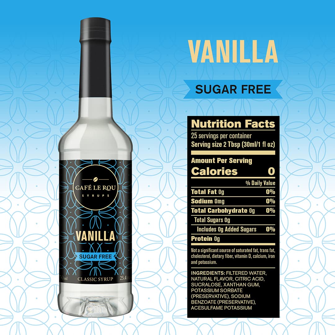 "NEW" Café Le Rou Coffee Syrup Sugar Free Variety 25.4oz Vanilla, French Vanilla, Caramel, Hazelnut -(4 Pack)*Includes 4 Coffee Syrup Dispensers*Flavoring Syrup for Coffee, Tea and Espresso