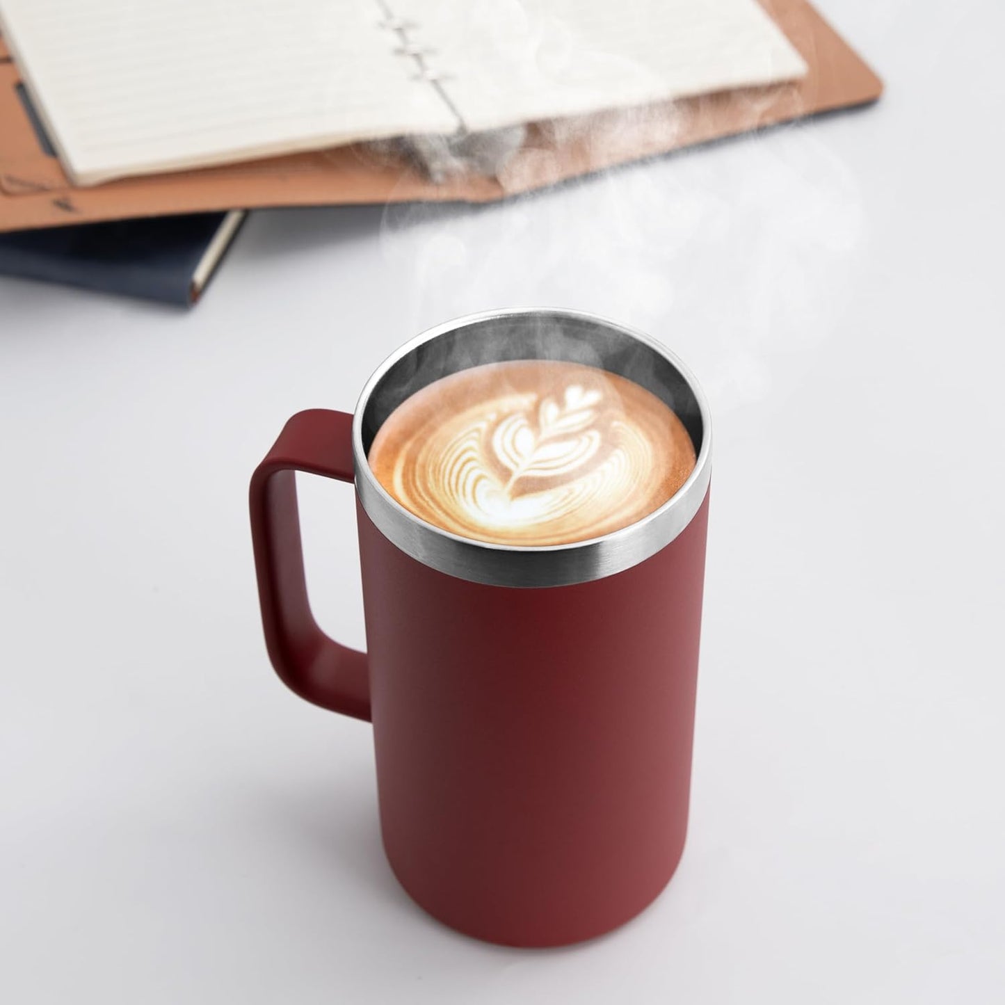 DOMICARE 24oz Mug with Handle and Lid, Stainless Steel Coffee Mug, Travel Mug with Handle, Double Wall Vacuum Coffee Tumbler, Reusable Insulated Cup, Dark Red, Pack 8