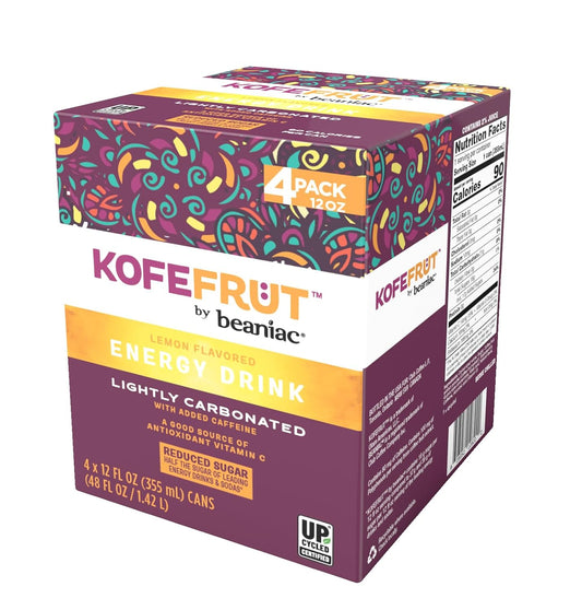 KOFEFRUT by beaniac Caffeinated Energy Drink, Lemon, Lightly Carbonated, Reduced Sugar, 80mg Caffeine, Polyphenols, Antioxidants, Vitamin C, 12 Fl Oz Can (Pack of 4)