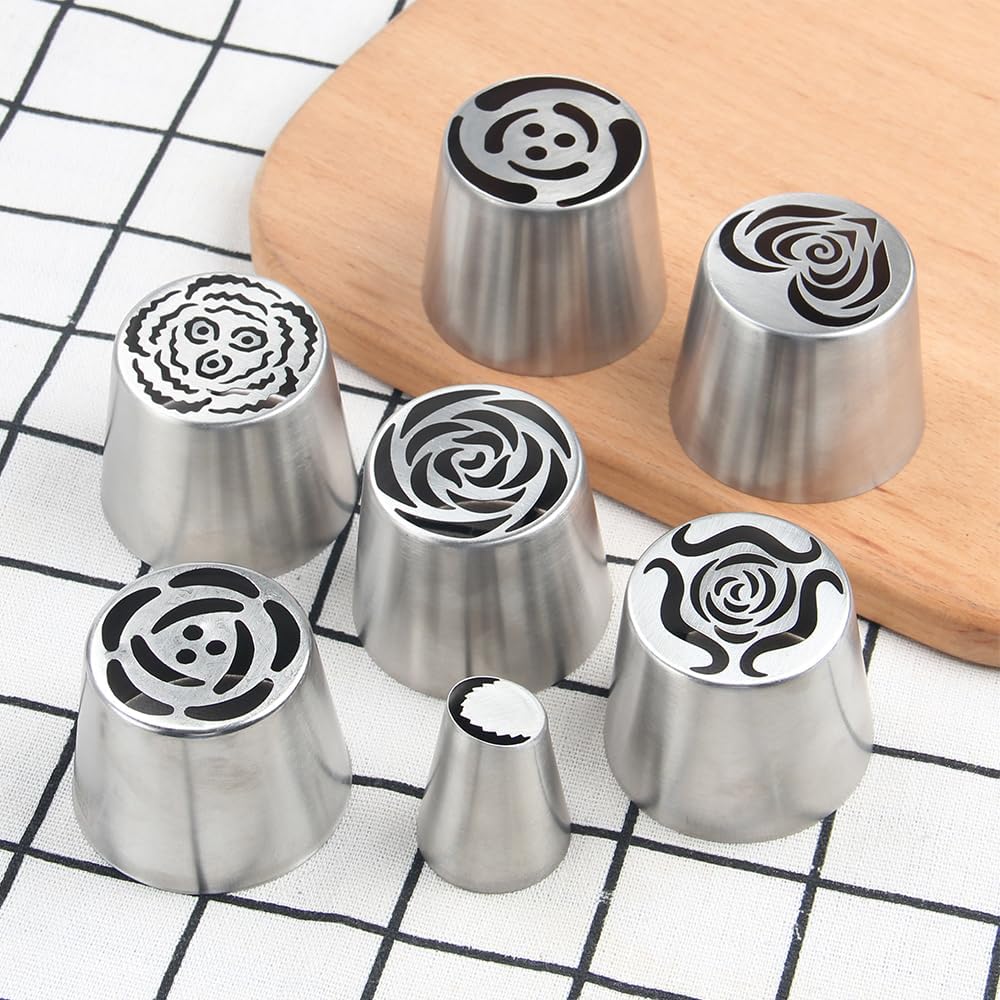 6 Pieces Extra Large Stainless Steel Russian Tulip Marshmallow Icing Tips Kit, Cupcake Dessert Piping Nozzles Set,1 Small Size Russian Icing Tip for Cake Decorations,Pastry Baking Tools