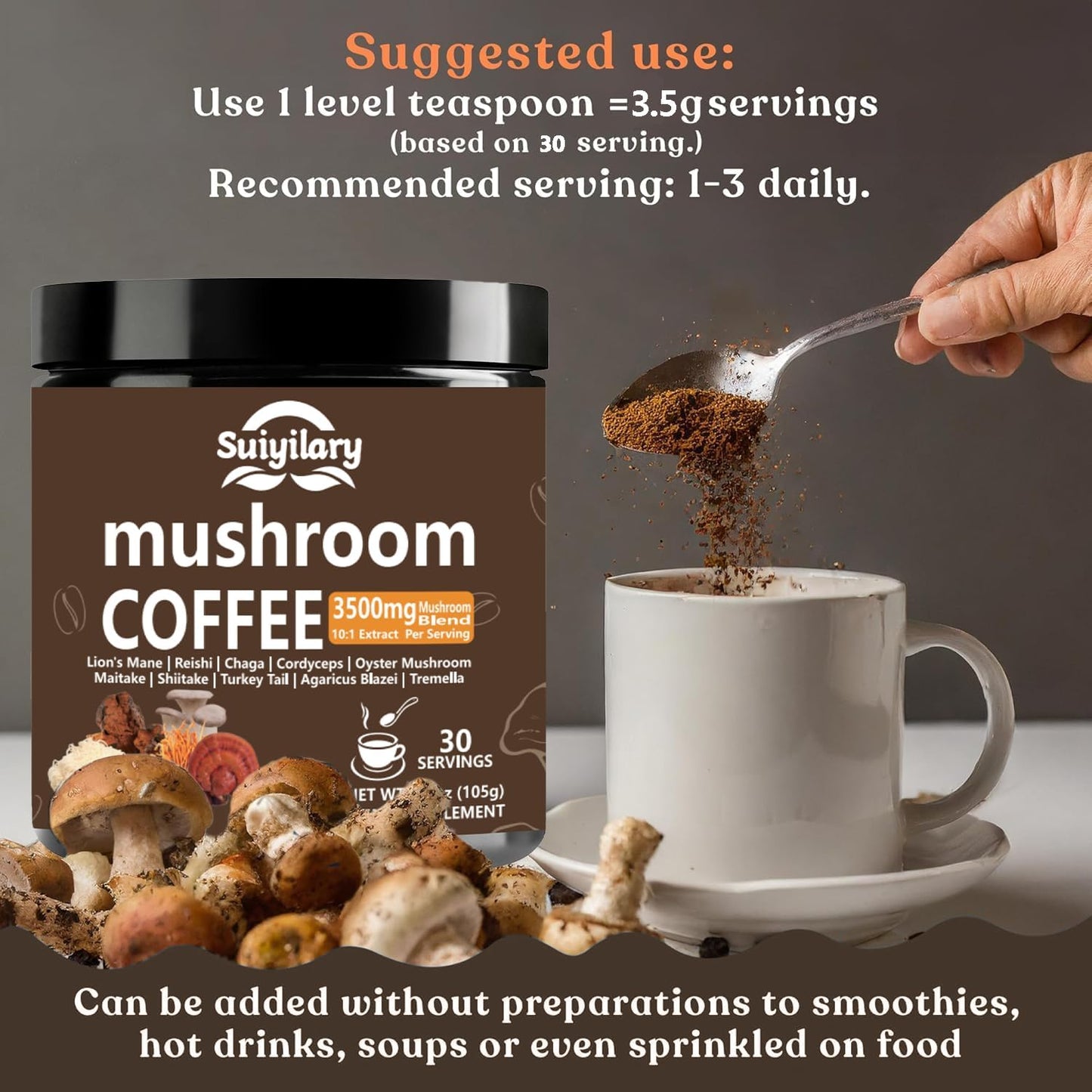 10 Mushroom Coffee with Arabica w, Lion's Mane, Reishi, Mushroom Polysaccharides & More, 3500mg(10:1) Extract Instant Mushrooms Powder for Focus, Immunity Boost