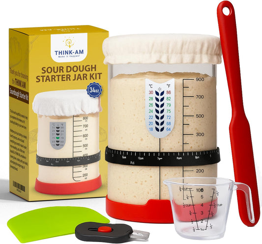 Sourdough Starter Kit, 34 Oz Sourdough Jar with Measuring Cup, Thermometer, Spatula, Dough Scraper, Bread Lame, Silicone Base & Cloth Cover, Feeding Band, Bread Baking Supplies for Bakers (34 Oz)
