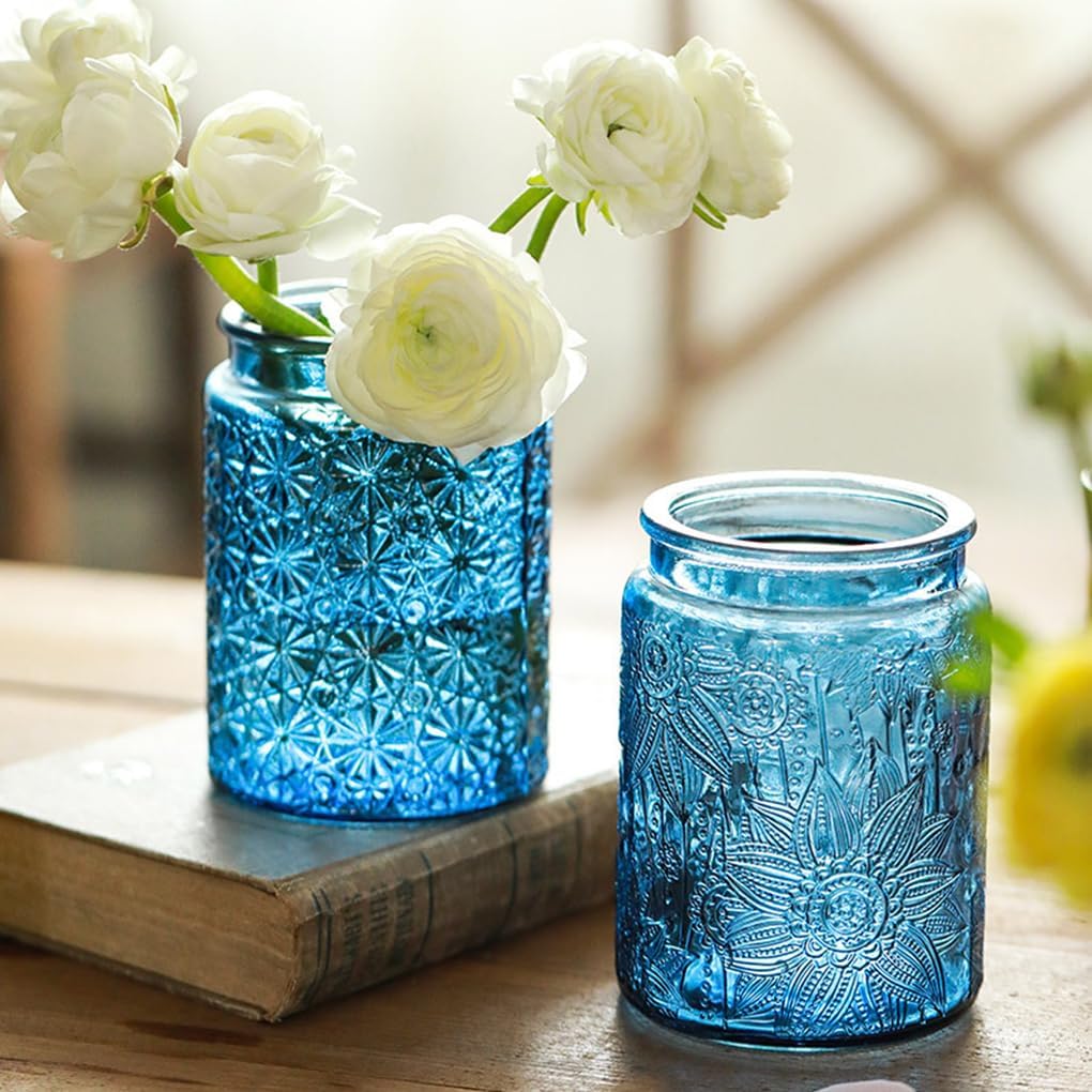 Set of 2 Vintage Blue Glass Storage Jars, 23.7 oz Mason Jars with Lids for Kitchen Pantry, Candy, Flour, Coffee, Pet Food, Decorative Kitchen & Home Decor (Blue, 2 Pack)