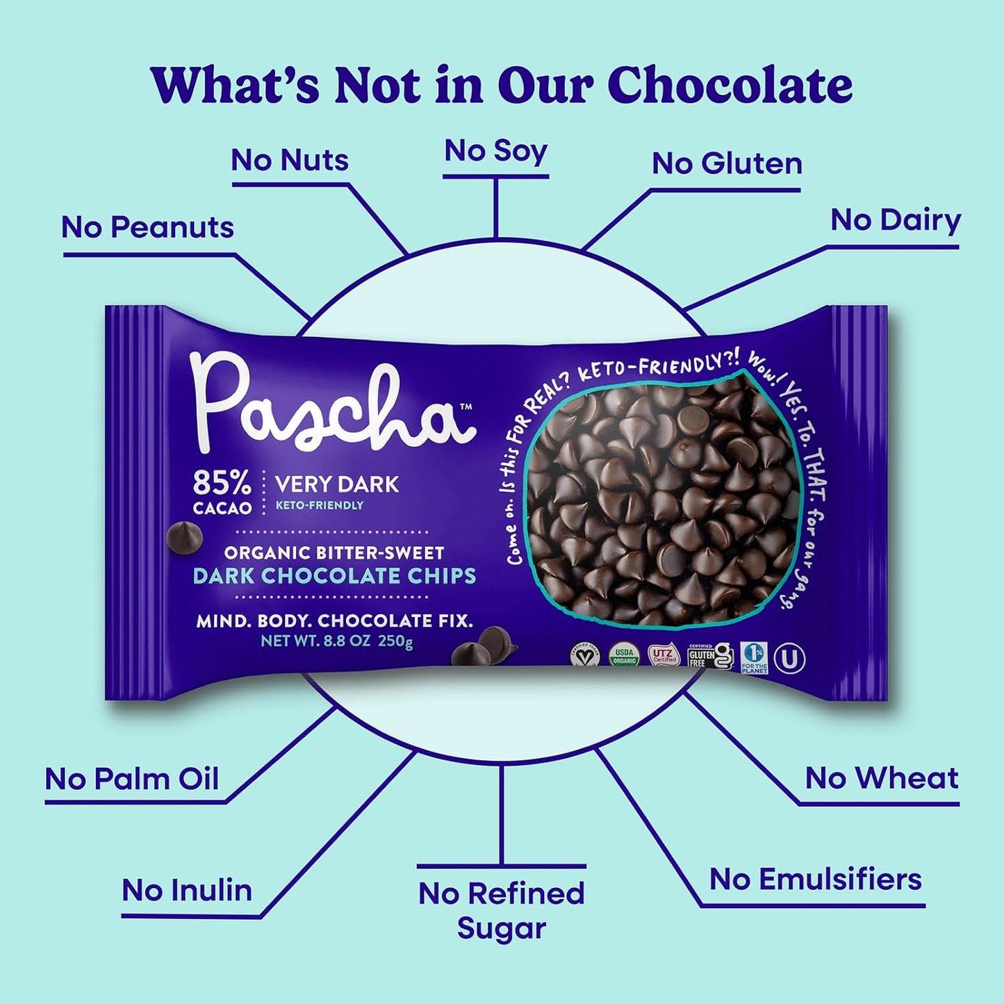 Pascha Organic Extra Dark Chocolate Chips - 85% Cacao Bittersweet - Vegan, Keto-Friendly Baking Chips - Rainforest Alliance Certified - No Dairy, Soy, Gluten or Nuts (Pack of 6)