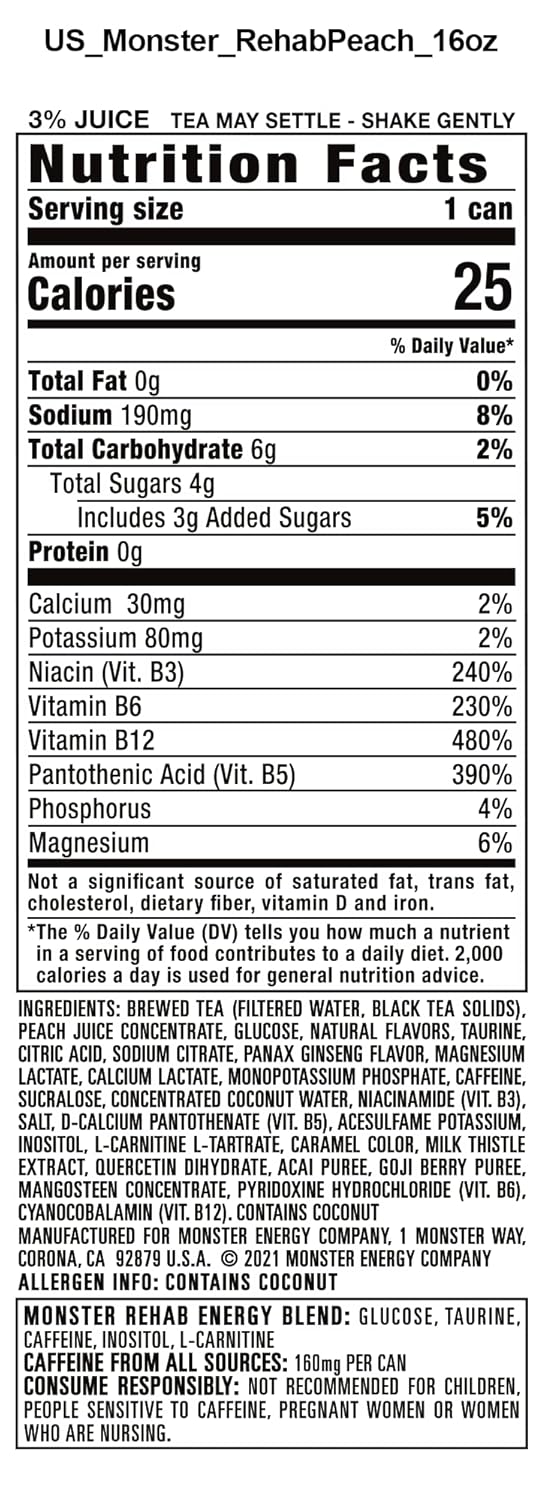 Monster Energy Rehab Peach Tea + Energy, Energy Iced Tea, Energy Drink, 15.5 Ounce (Pack of 15)