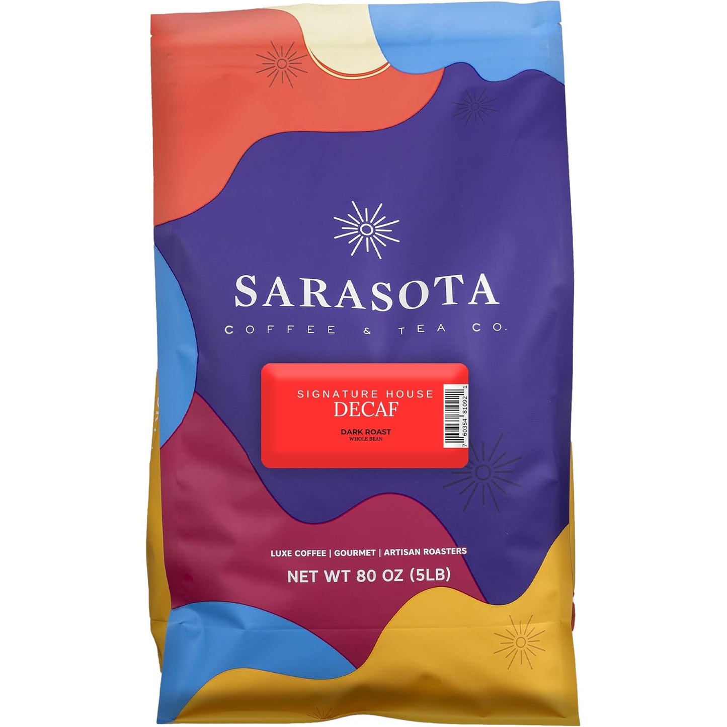 Sarasota Coffee Whole Bean Decaf | Dark Roast Gourmet Decaffeinated Coffee Beans | Low Acid, Mold Free, Specialty Grade Bulk Beans | 5lb (80 oz)