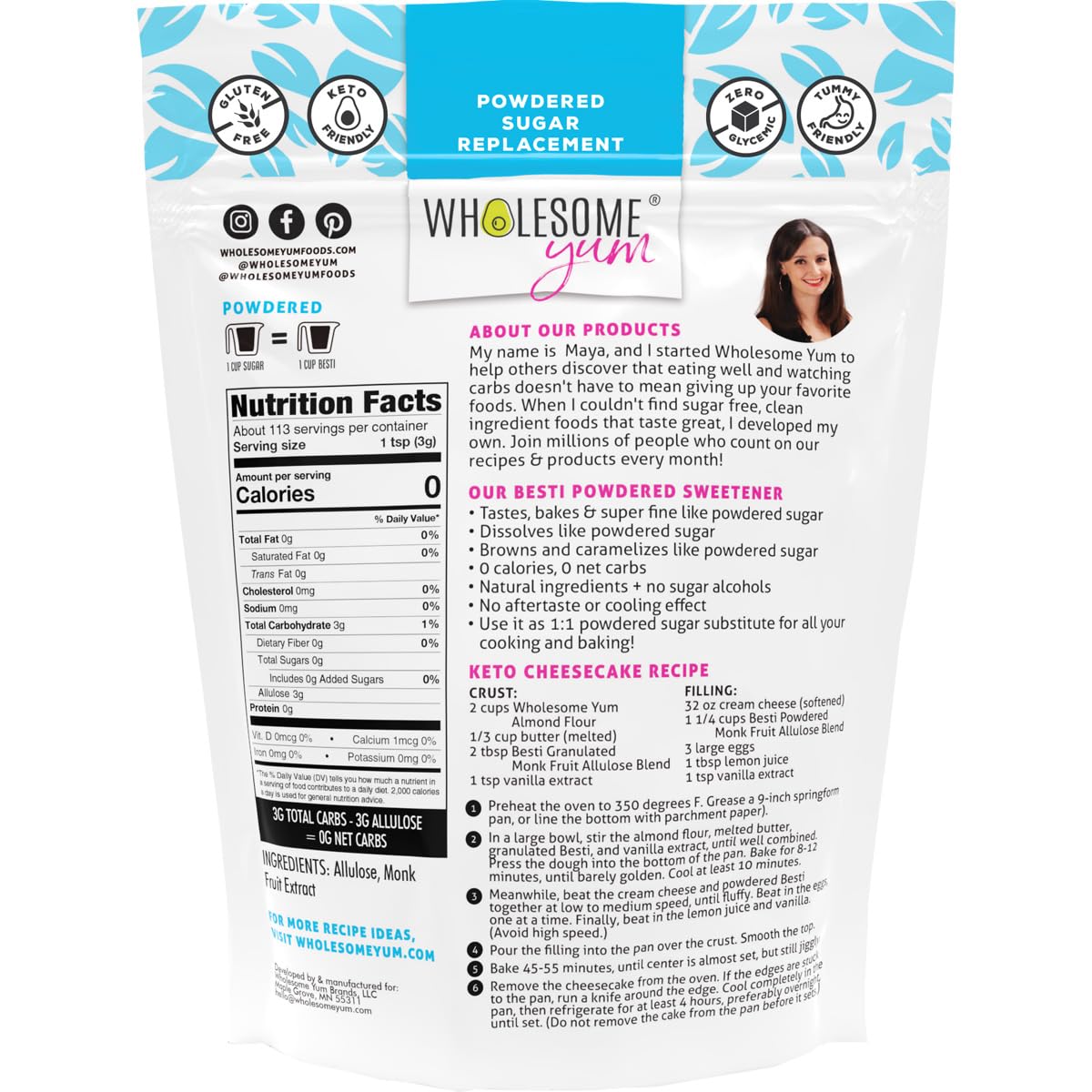 Wholesome Yum Besti Natural Powdered Sugar Substitute - Keto Confectioners Monk Fruit Sweetener Blend With Allulose (No Erythritol) - Non GMO, Zero Carb, Zero Calorie, No Aftertaste (12 oz)