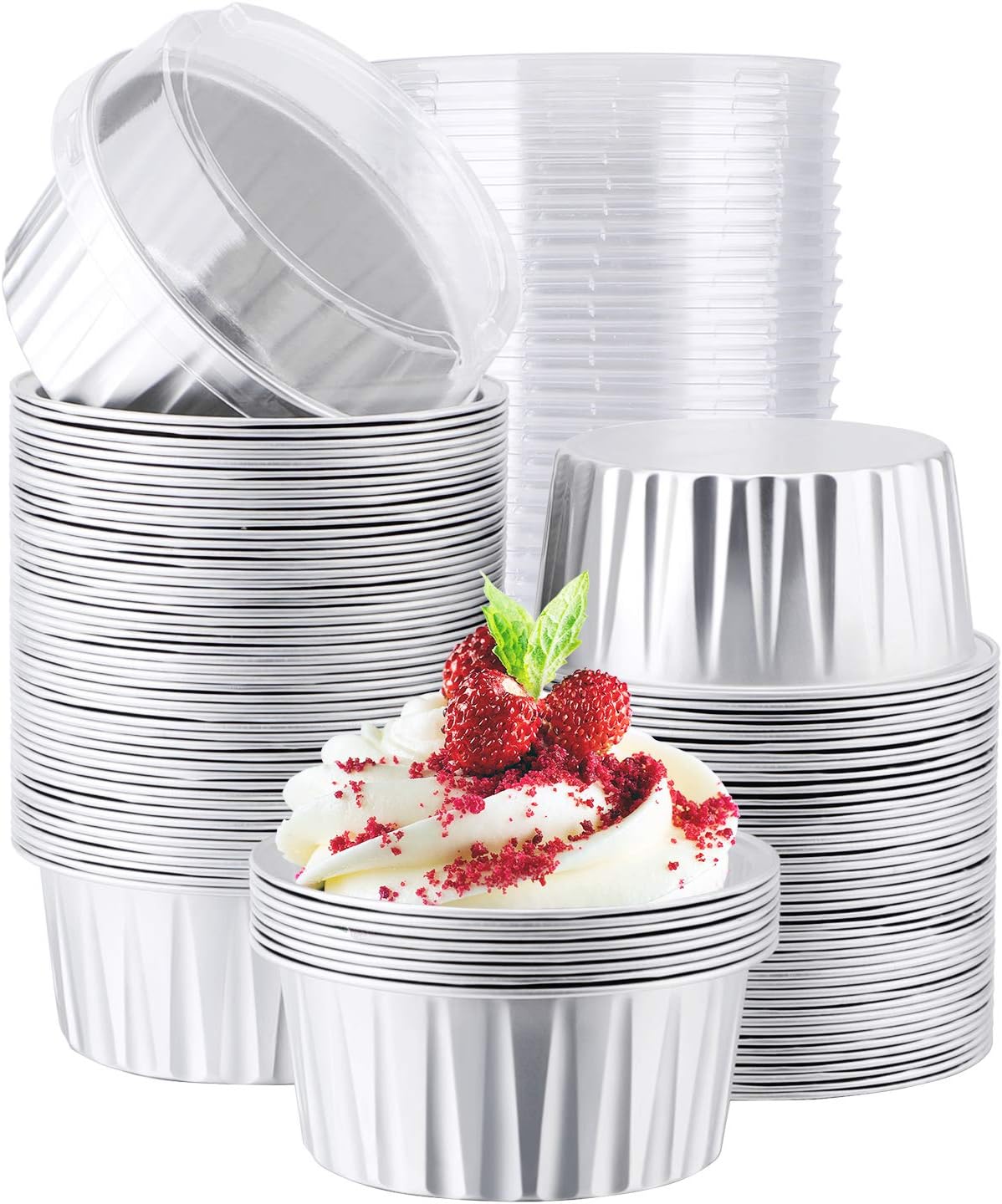 EUSOAR Foil Ramekins with Lids, 5oz 100pcs Aluminum Foil Cupcake Liners, Muffin Liners Cups with Lids, Cupcake Baking Cups Holders Cases Boxes Pans