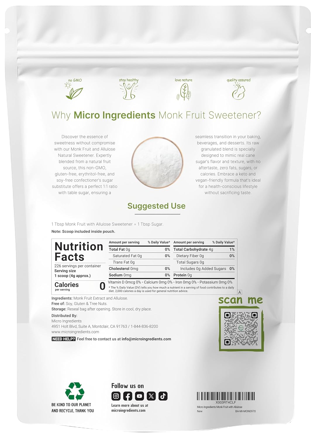 Monk Fruit Sweetener with Allulose, 2 lbs Granular | No Erythritol | No Aftertaste, 1:1 White Sugar Substitute, Keto & Vegan Friendly, Zero Calorie | Great for Drinks, Coffee, Tea, Cookies | Non-GMO
