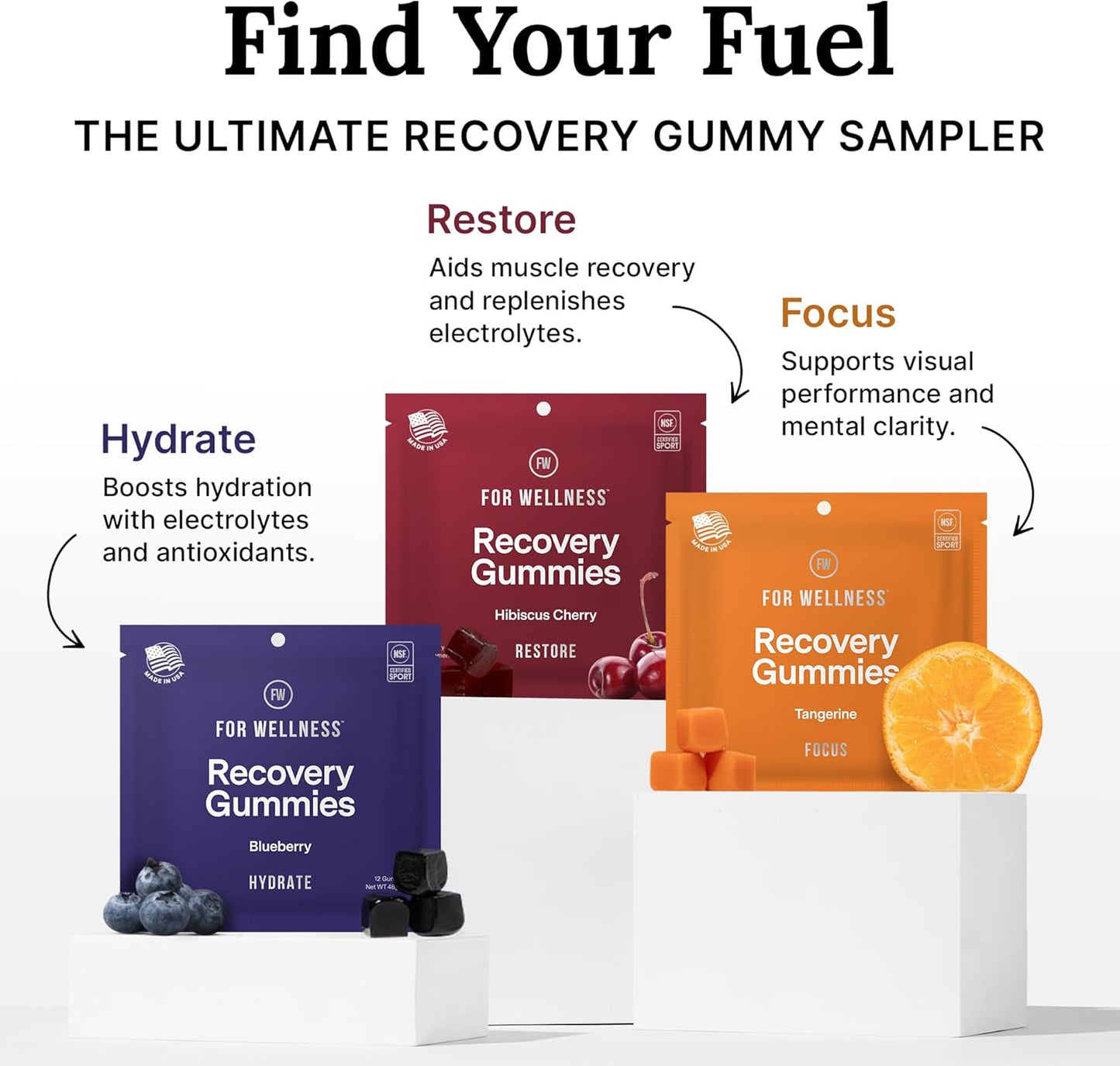 For Wellness Recovery Gummies Variety Pack | Restore, Hydrate & Focus | Gummy Supplements for Post-Workout Recovery, Hydration, Vision & Focus | Vegan, Non-GMO | 3 Pack