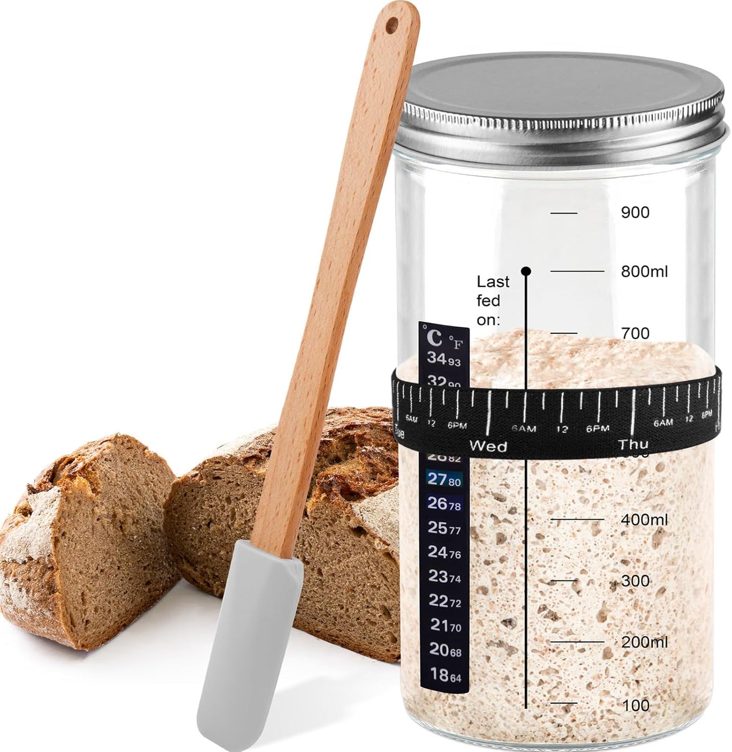 Sourdough Starter Jar, 1000ML Sourdough Starter Kit with Date Marked Feeding Band, Thermometer, Cloth Cover & Metal Lid, Reusable Sourdough Bread Baking Supplies, Home Baking Supplies
