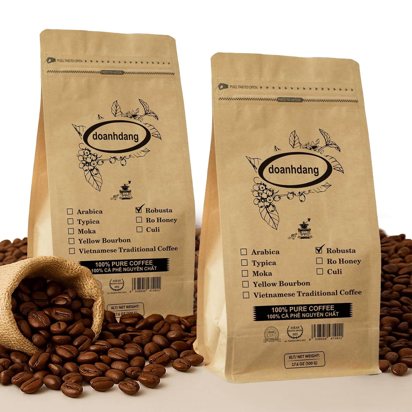 doanhdang - 35 Oz Premium Robusta Whole Bean Coffee, 100% Robusta Medium Roast, Rich Flavor for Espresso Shot and Brew, Origin from Vietnam, Whole Med Roast Beans