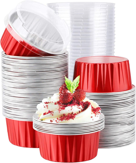 EUSOAR Cupcake Liners Aluminum with Lids, 100Pcs 5oz 125ml Aluminum Foil Muffin Liners Cups, Disposable Aluminum Foil Cupcake Baking Cups Ramekins Holders Cases Boxes Pans with Lids