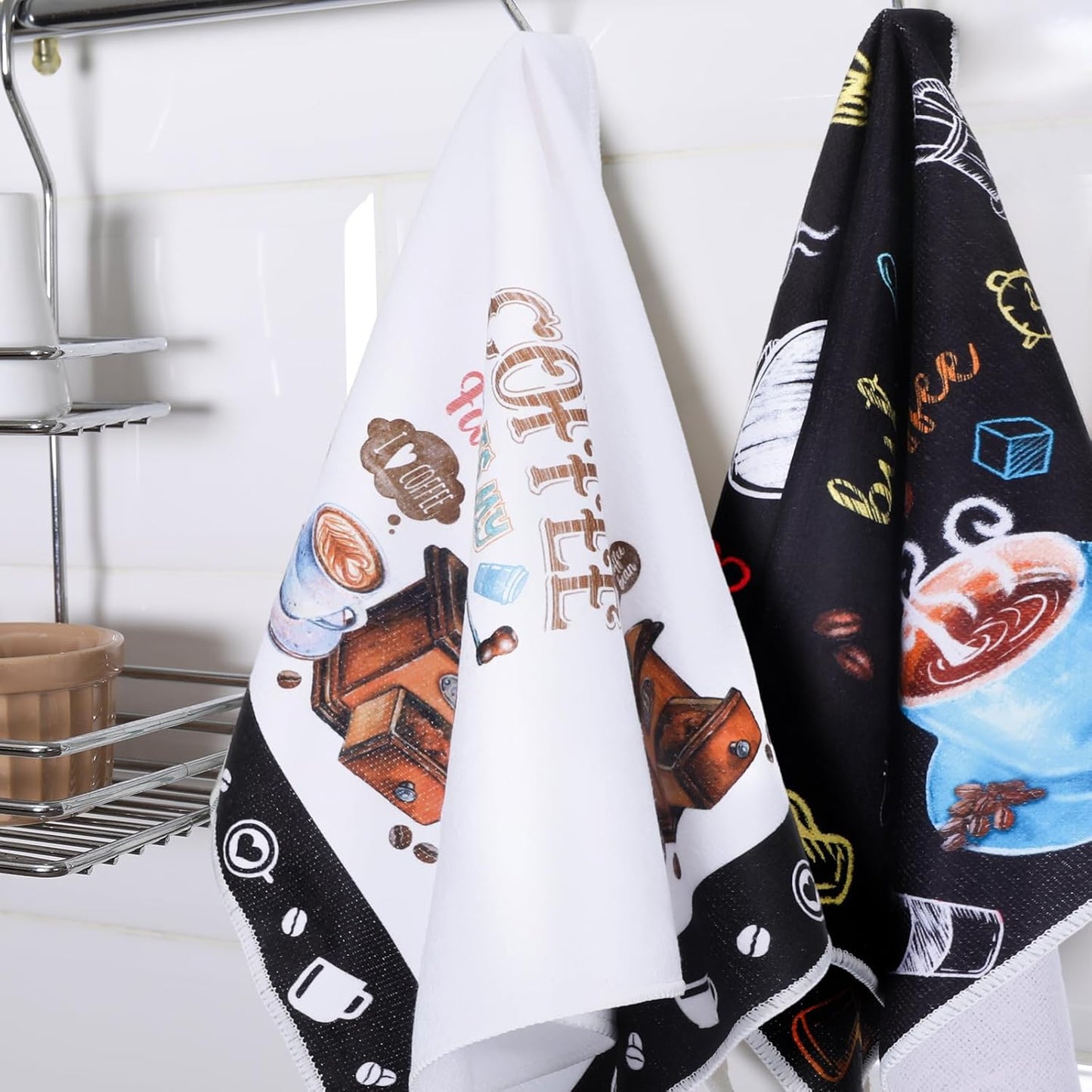 Ferraycle 4 Pieces Kitchen Dish Cloths Coffee Kitchen Hand Towels Absorbent Tea Towels 24 x 16 Inches, Coffee Lover Gift Bar Decorative Dish Cloths Rags, for Farmhouse(Bright,Tea Time)