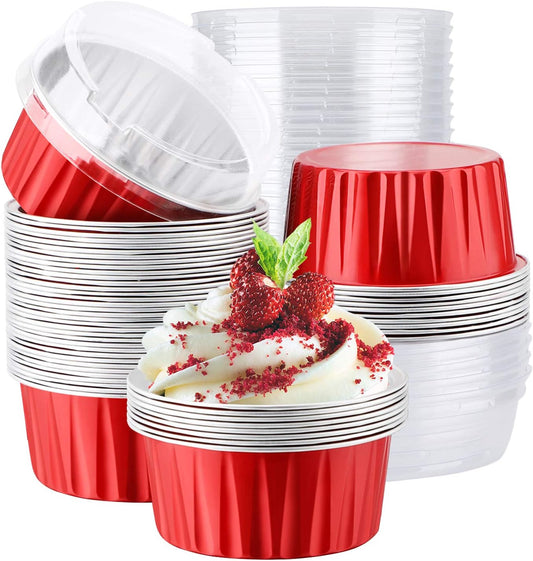 EUSOAR Aluminum Foil Muffin Cupcake Ramekin, 50pcs 5oz 125ml Disposable Aluminum Foil Muffin Cupcake Liners Cups with Lids, Disposable Aluminum Foil Cupcake Baking Cups Holders Cases Boxes Pans