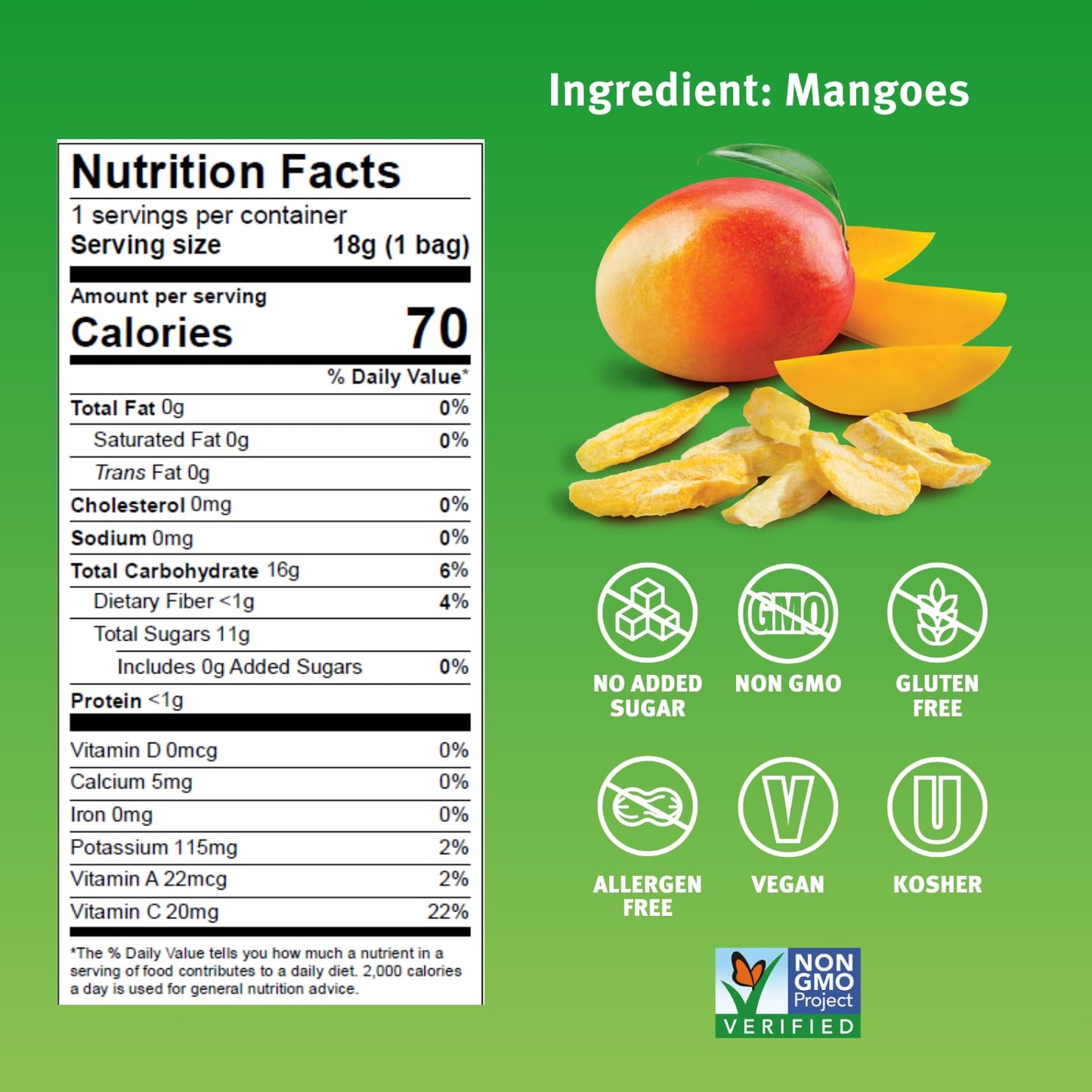 Crispy Green Natural Freeze-Dried Fruit, Mango Single-Serve, No Sugar Added, 0.63 Ounce (Pack of 12)