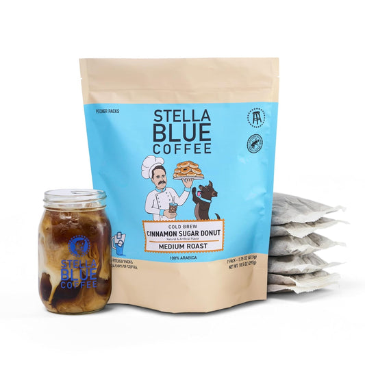 Stella Blue Cold Brew Coffee Bags, Cinnamon Sugar Donut, Medium Roast Ground Coffee, Smooth, Bold and Refreshing 100% Arabica, 6 Brew Packets, Makes 24 Cups, Rainforest Alliance Certified
