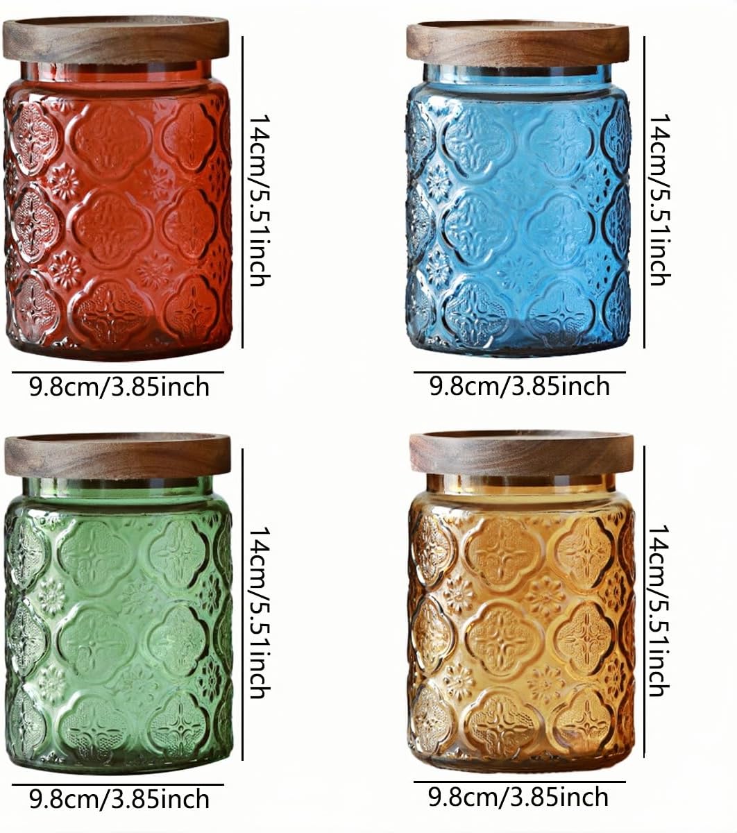 Vintage Glass Storage Jar with Solid Wood Lid - Sunflower Kitchen Canister for Coffee, Candy, Laundry Detergent - Cute Food Storage Jar for Pantry, Countertop (4 color-Begonia Flower, 23.7 Ounces)
