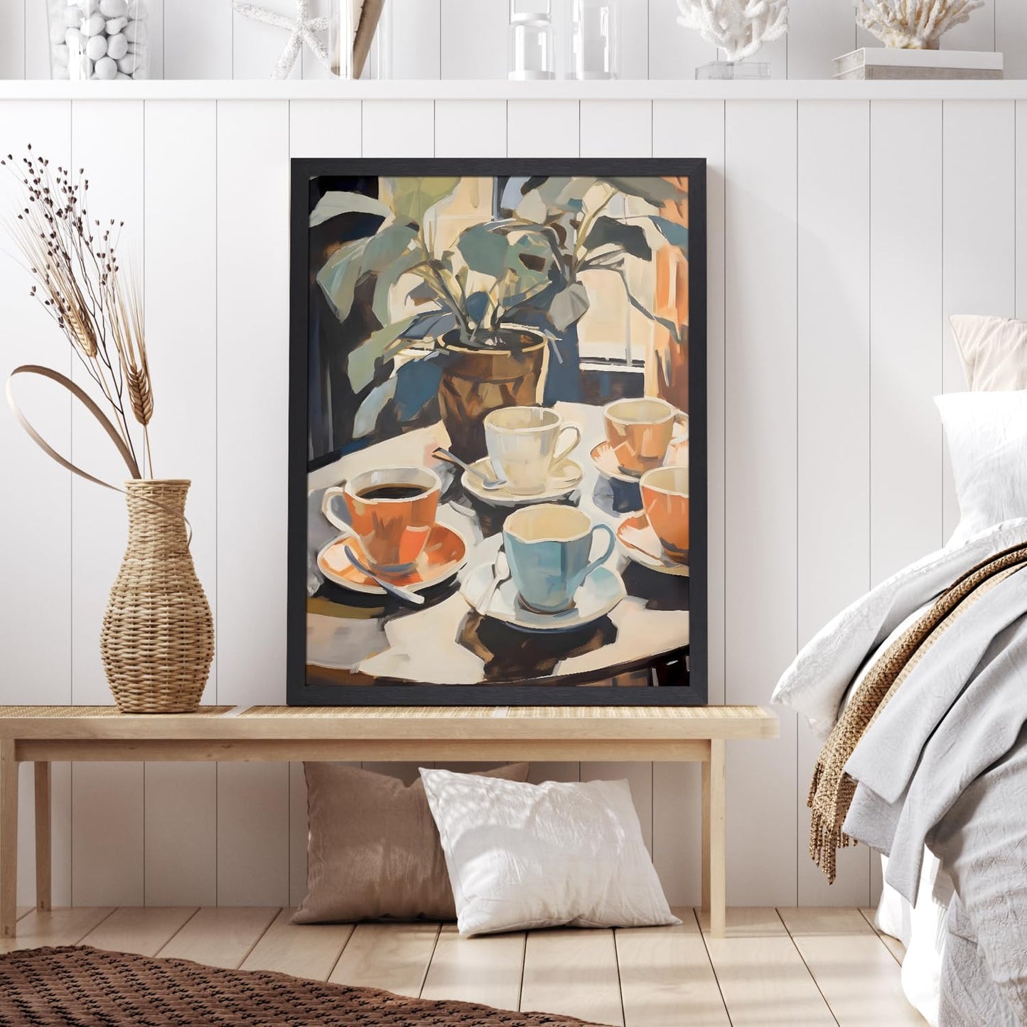 GELDSTEI Wood Framed Coffee Wall Art, Vintage Cafe Aesthetic Picture, Cafe Bar Canvas Painting, Retro Coffee Poster Print, Modern Rustic Wall Decor for Kitchen Dining Room Ready to Hang 12"x16"