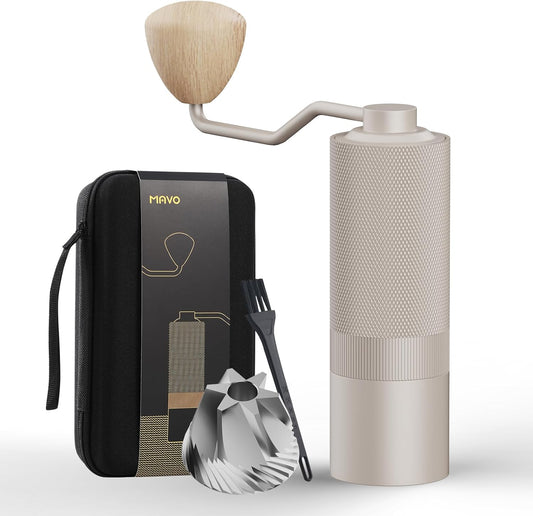 MAVO Manual Coffee Grinder, Wizard Hand Coffee Grinder, Capacity 25g with CNC Stainless Steel Hexagonal Conical Burr, Adjustable Setting, Burr Coffee Bean Grinder for French Press, Pour Over, Silver