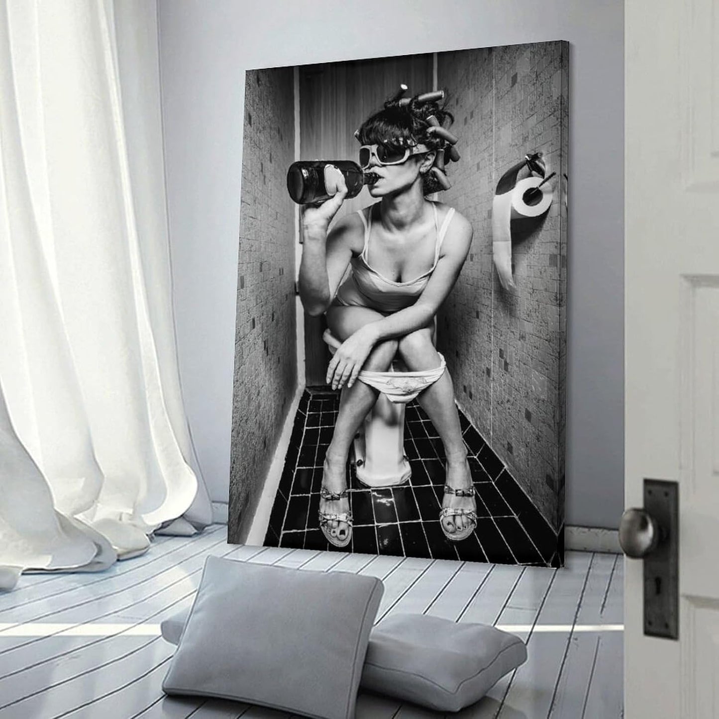 Woman Drinking on The Toilet Lnteresting Vintage Canvas Painting Wall Art Poster Room Decor Aesthetics 08x12inch(20x30cm)