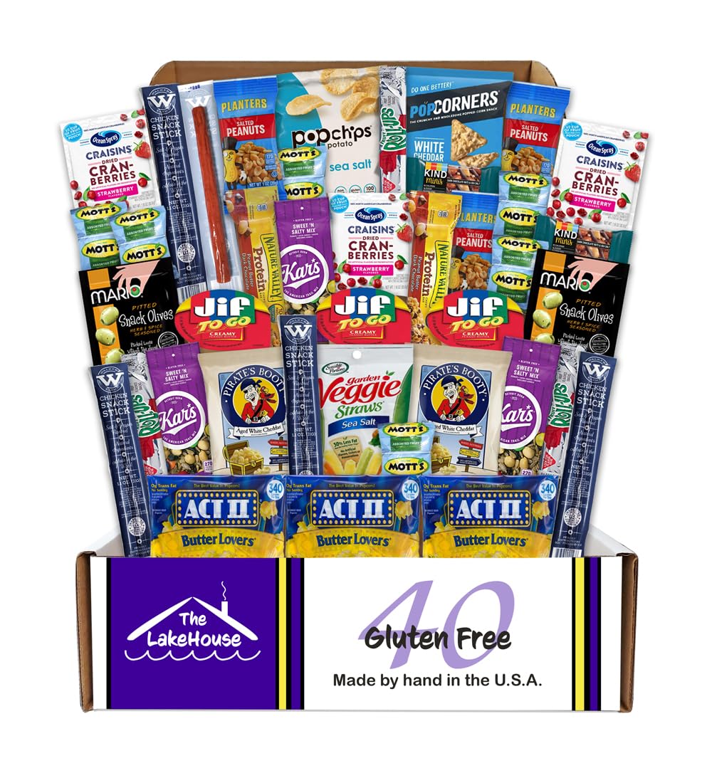 Gluten Free Snacks for Adults Kids - 40 Count Healthy Celiac Friendly Snacks in Individual Packs - Birthday Treats Gift Basket - Valentines Care Package - Gluten Free Snack Box by The LakeHouse