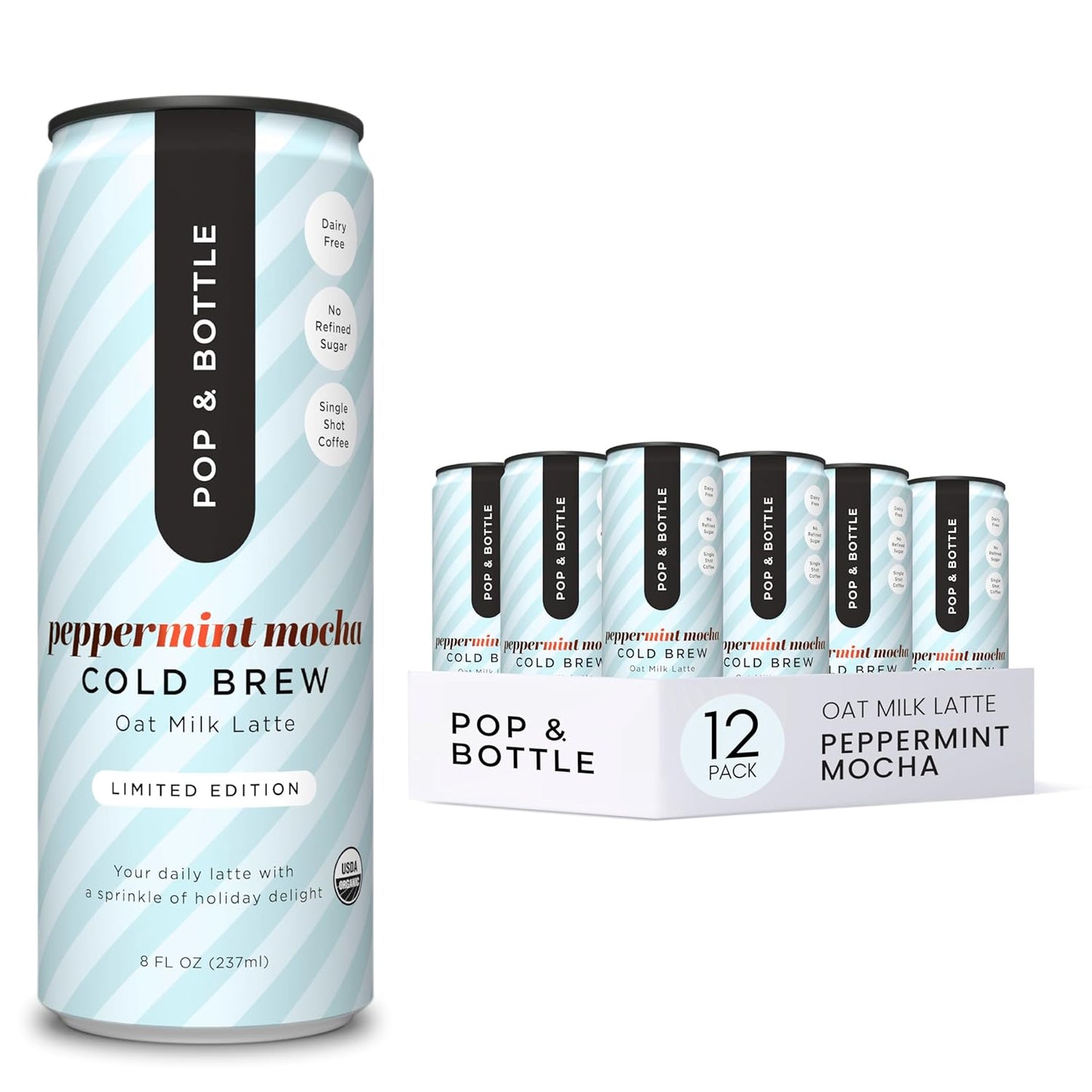 Pop & Bottle Oat Milk Lattes- Cold Brew, Cold Brew Coffee Cans, Canned Coffee, Iced Coffee, Organic, Dairy Free, Gluten Free, Lightly Sweetened with Coconut Nectar- Peppermint Mocha, 8 Fl Oz (12 Pack)