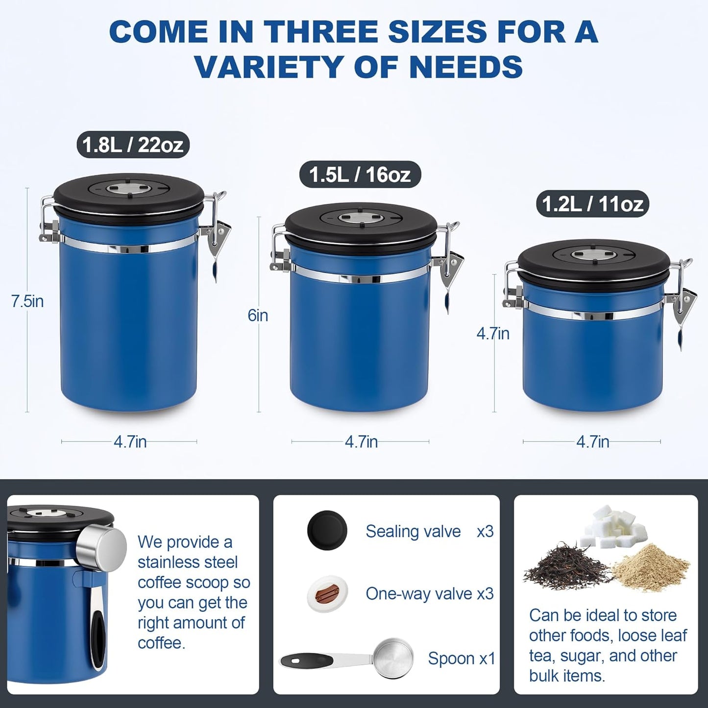 ShanSon Coffee Canister Airtight Coffee Container Stainless Steel Coffee Bean Storage Container with Scoop Coffee Canister for Beans Grounds Sugar Flour Tea Cereal,22OZ,Blue