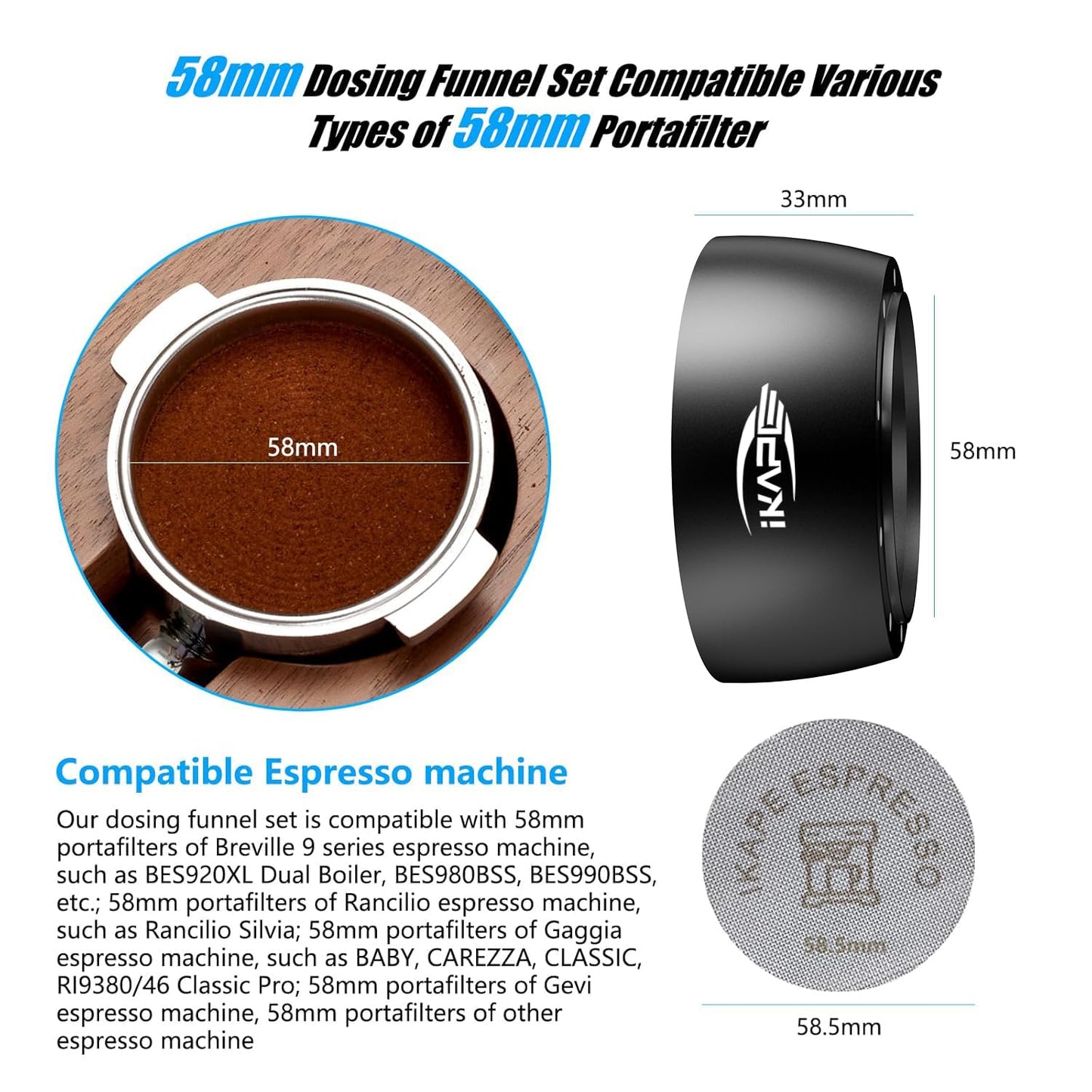 IKAPE Magnetic Dosing Funnel Set, 58MM Espresso Dosing Ring & Puck Screen Kit Compatible with 58 mm Bottomless Portafilter - with 10 Small Magnet (Black)