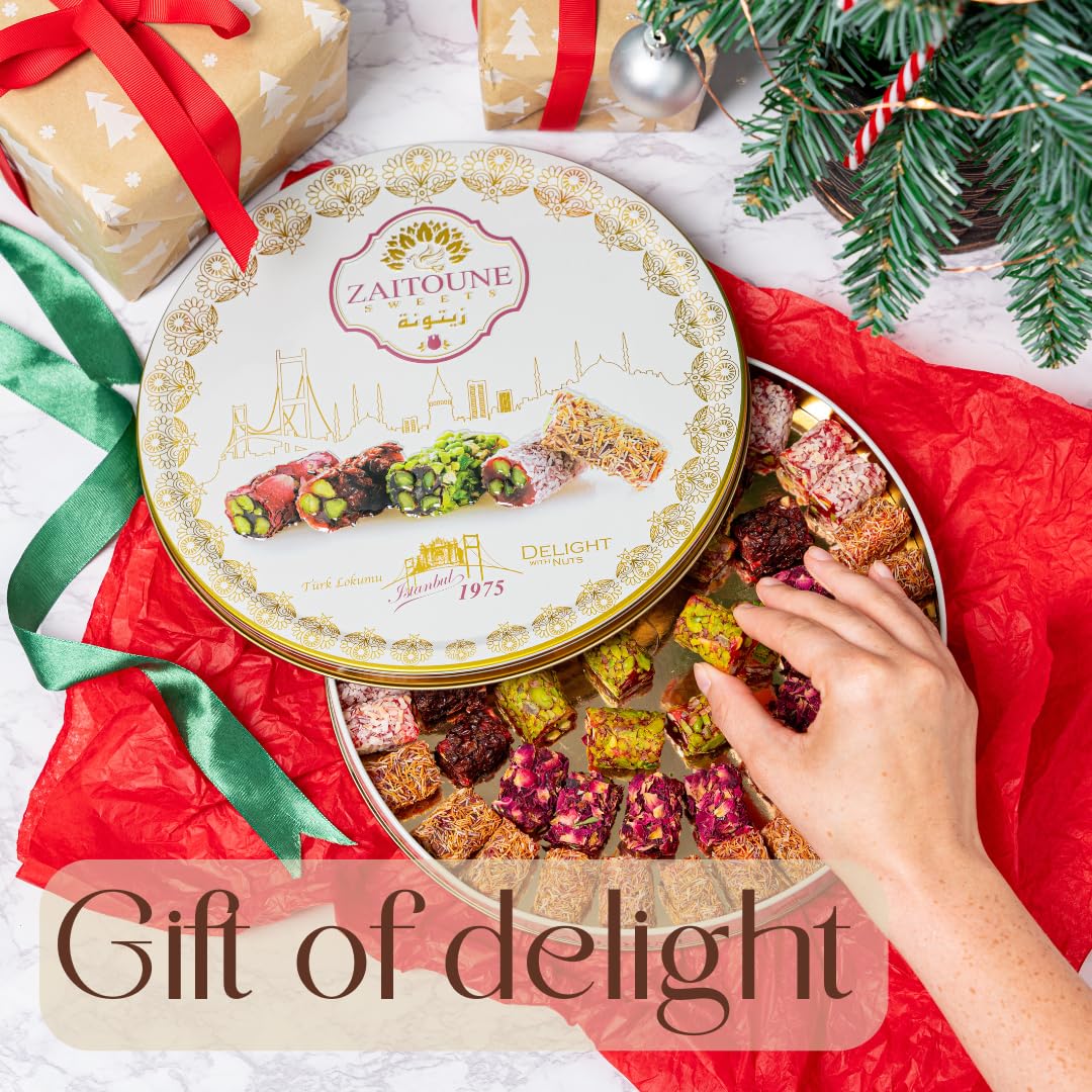 Zaitoune Turkish Delight Mix - 22 oz | Luxury Coatings of Pomegranate, Pistachio, Coconut, Kataifi & Rose | Authentic Lokum Sweet Assortment in a Beautiful Gift Tin | Handmade & Individually Wrapped