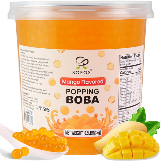 Soeos Mango Popping Boba Pearls 6.6 Pounds, Bursting Boba Pearls for Bubble Tea, Beverages, Shakes, Desserts, Smoothie and Ice Cream Topping