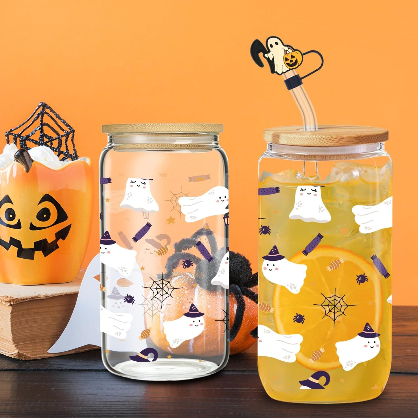 White Ghost Glass, 16 Oz, Fall Iced Coffee Mug with Straw and Lid, Perfect for Gothic Horror Themed Gifts and Thanksgiving Gifts (One)