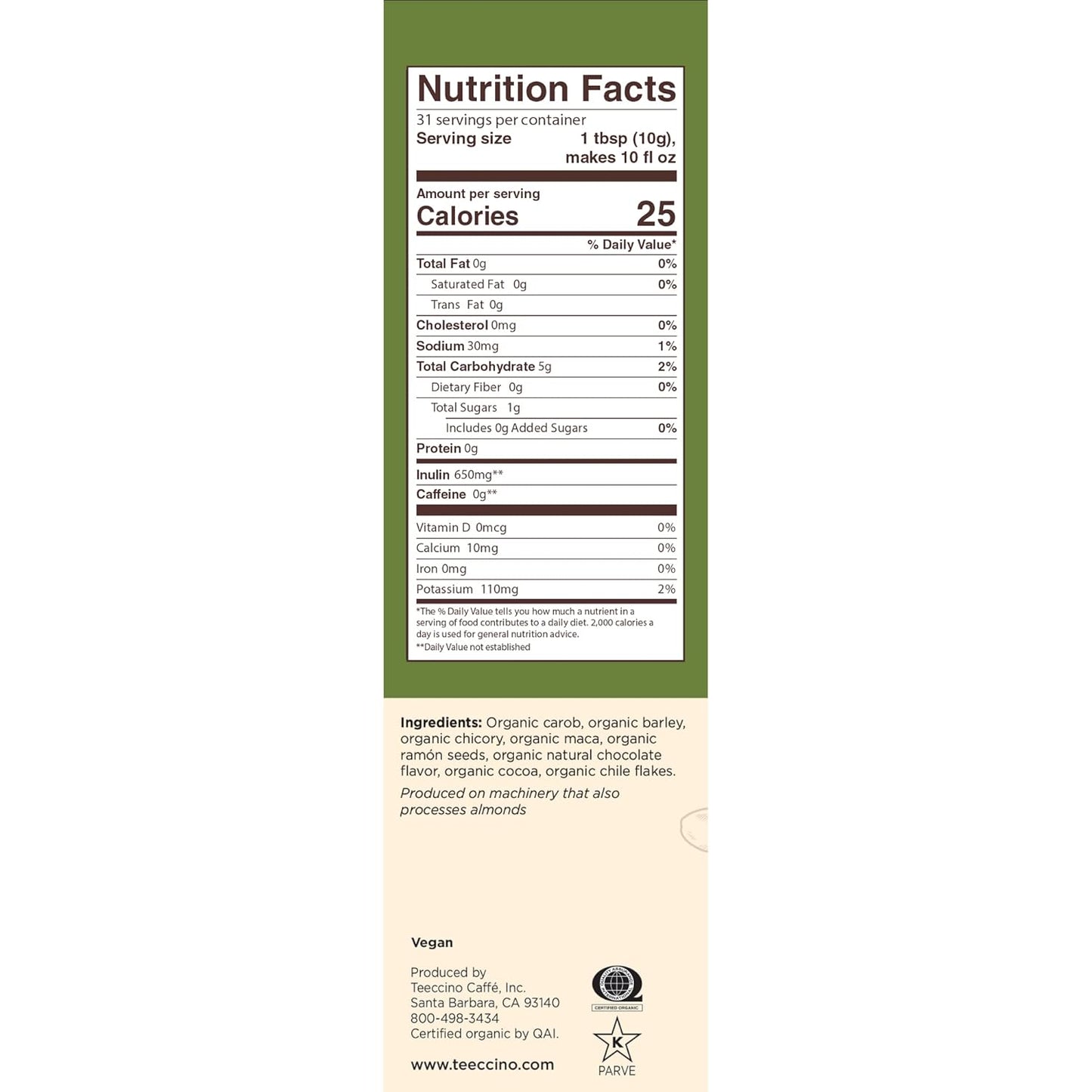 Teeccino Maca Chocolaté Chicory Coffee Alternative - Ground Herbal Coffee That’s Prebiotic, Caffeine Free & Acid Free, Dark Roast, 11 Ounce