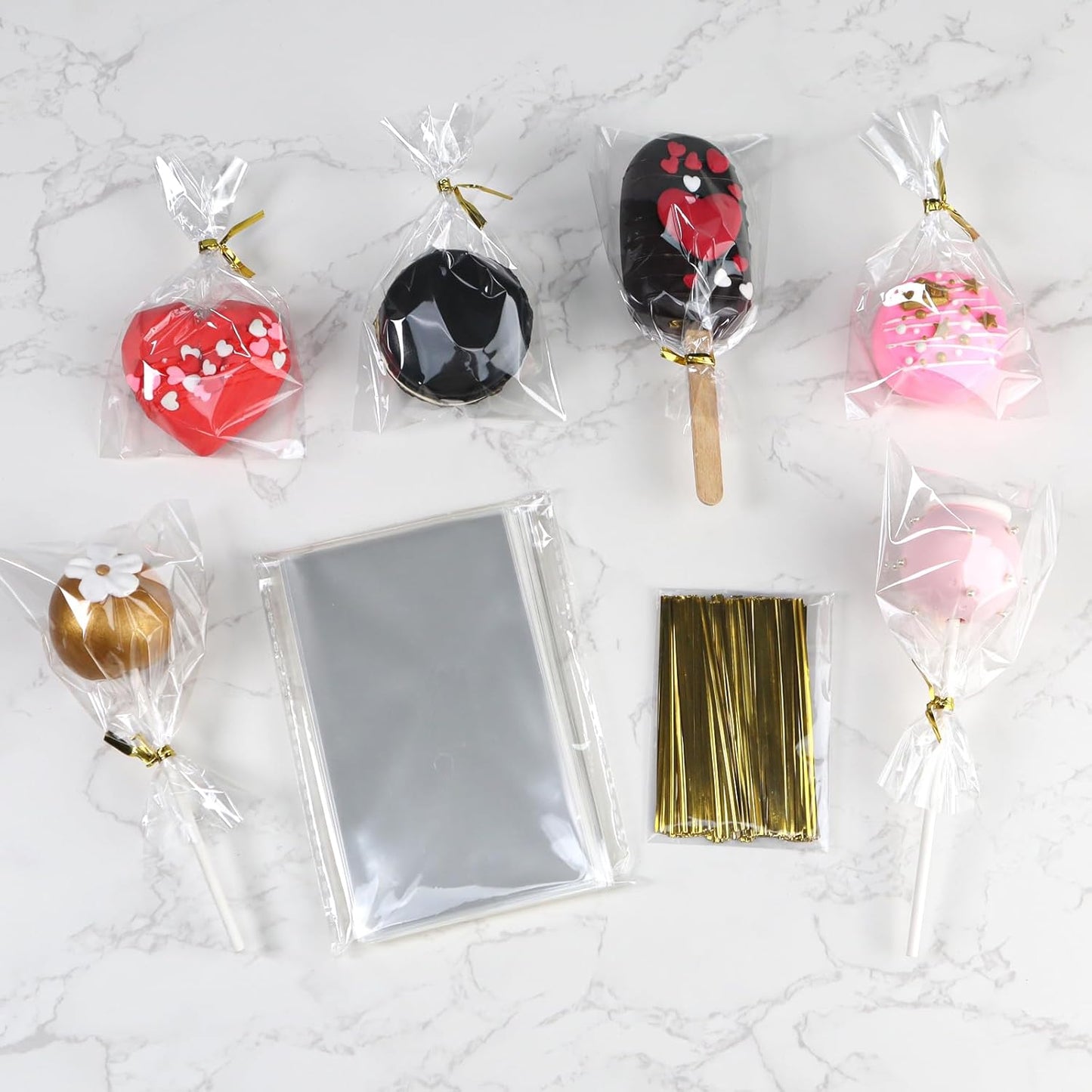ROSPAKTEK 200 Pcs Cellophane Treat Bags 3x5 Inch with 200 Twist Ties - OPP Plastic Cake Pop Bags for Lollipop, Candy, Chocolate, Cookie Wrapping & Buffet