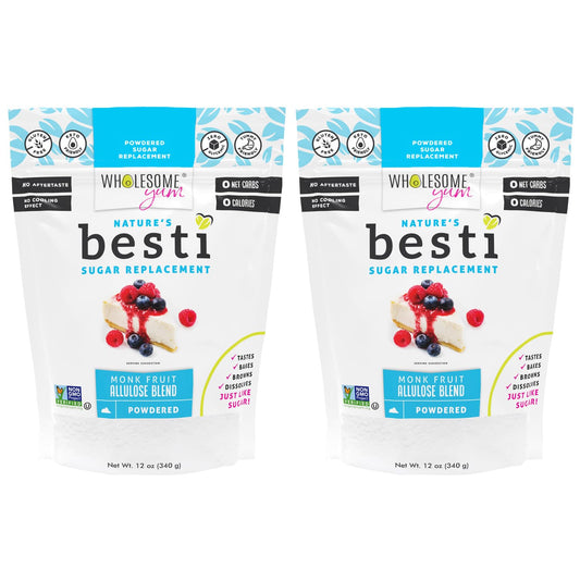 Wholesome Yum Besti Natural Powdered Sugar Substitute - Keto Confectioners Monk Fruit Sweetener Blend With Allulose (No Erythritol) - Non GMO, Zero Carb, Zero Calorie, No Aftertaste (12 oz, 2 Pack)