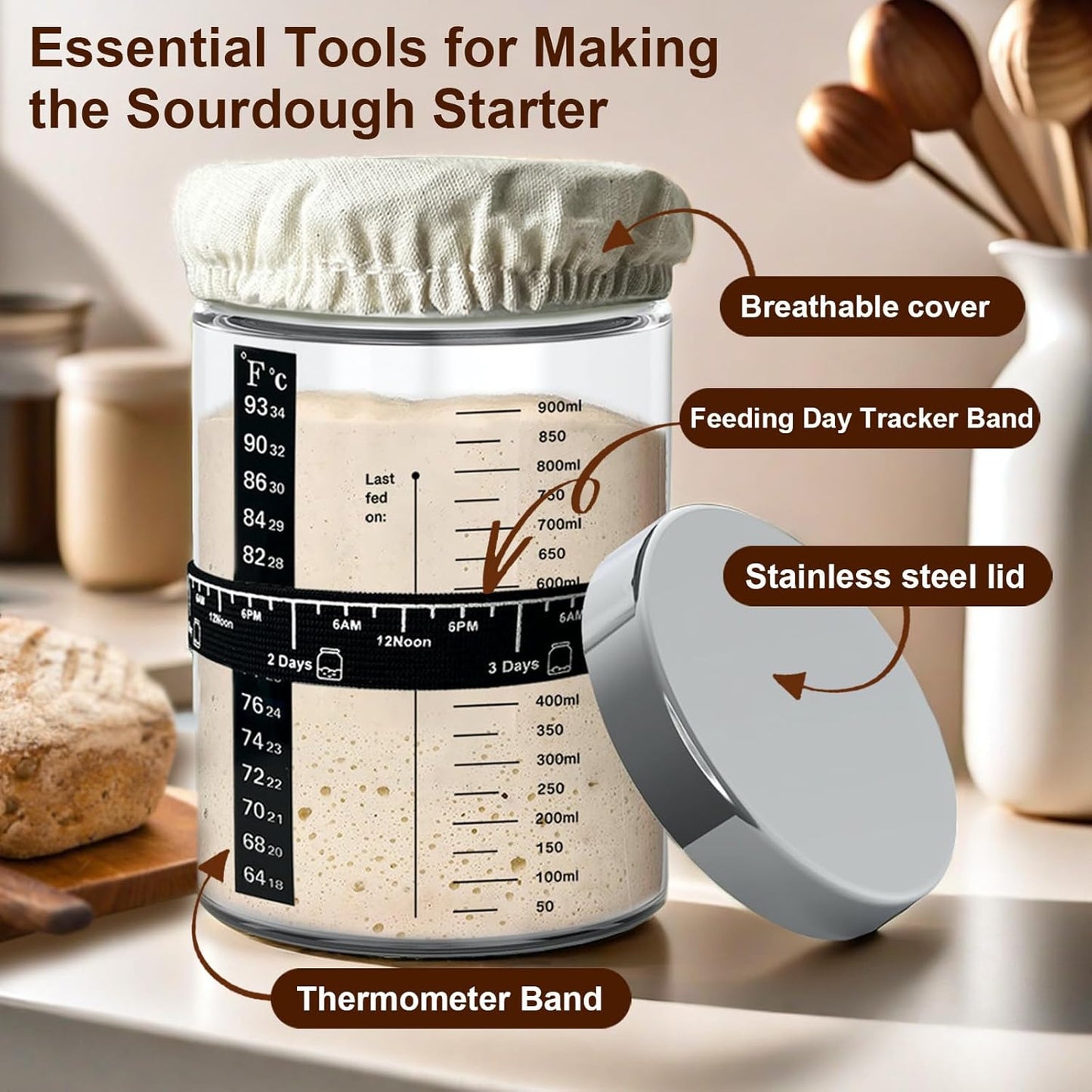 Sourdough Starter Jar Glass, 35oz Wide Mouth, Glass Jar for Sourdough Starter Kit Beginners, Sourdough Bread Starter Kit, Sourdough Discard jar with Lid, Recipe, Cover, Spoon